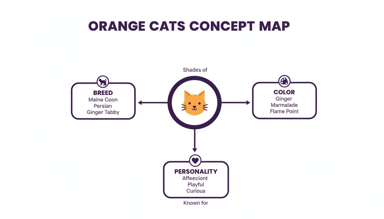 A concept map detailing the breeds, colors, and personalities associated with orange cats.