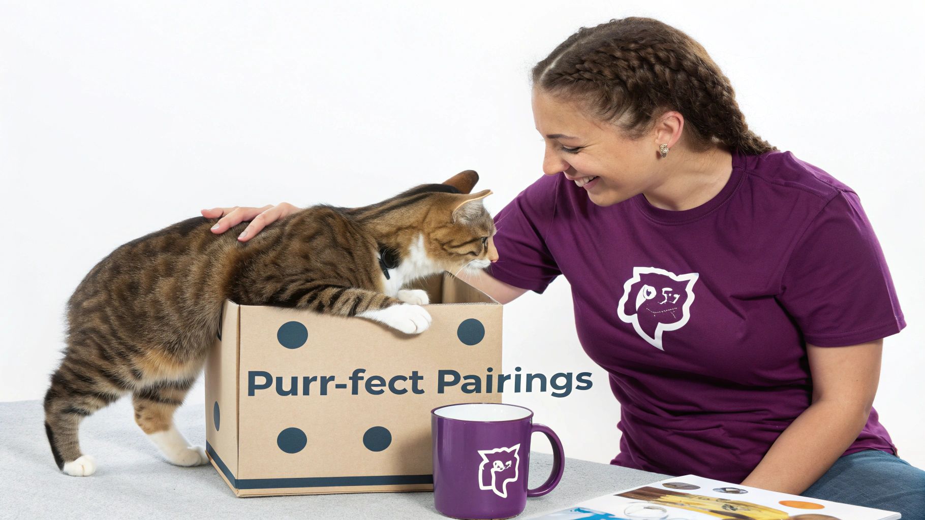 A smiling woman pets a tabby cat exploring a brown box labeled "Purr-fect Pairings," next to a purple mug.