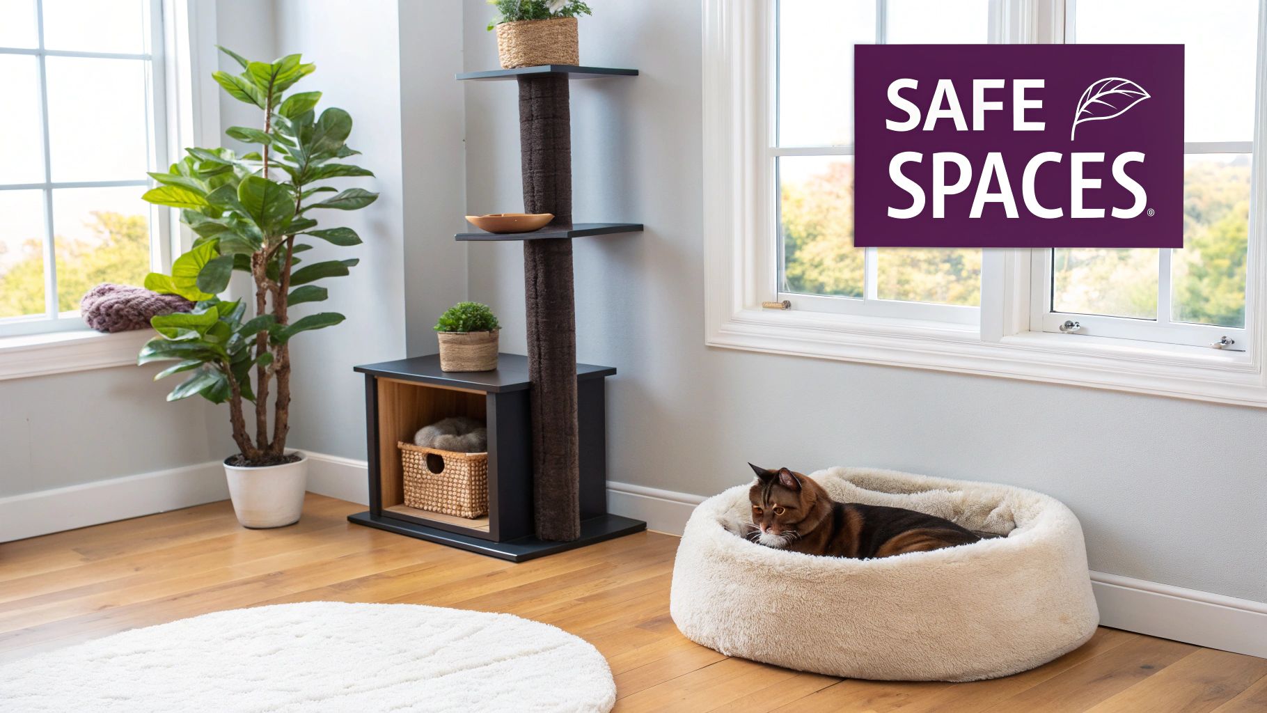 A cozy indoor cat environment with a cat tree, a large plant, and a cat in a plush bed.