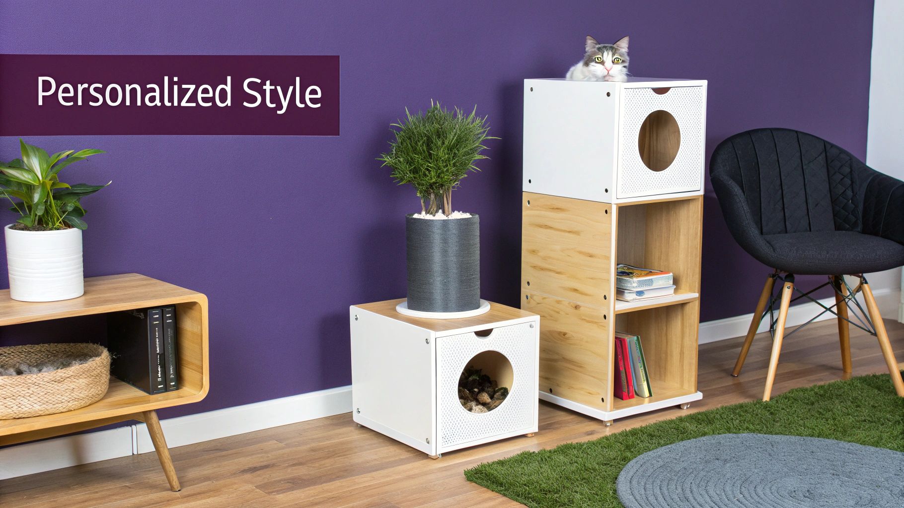 A stylish modern cat tree placed thoughtfully in a well-decorated living room.