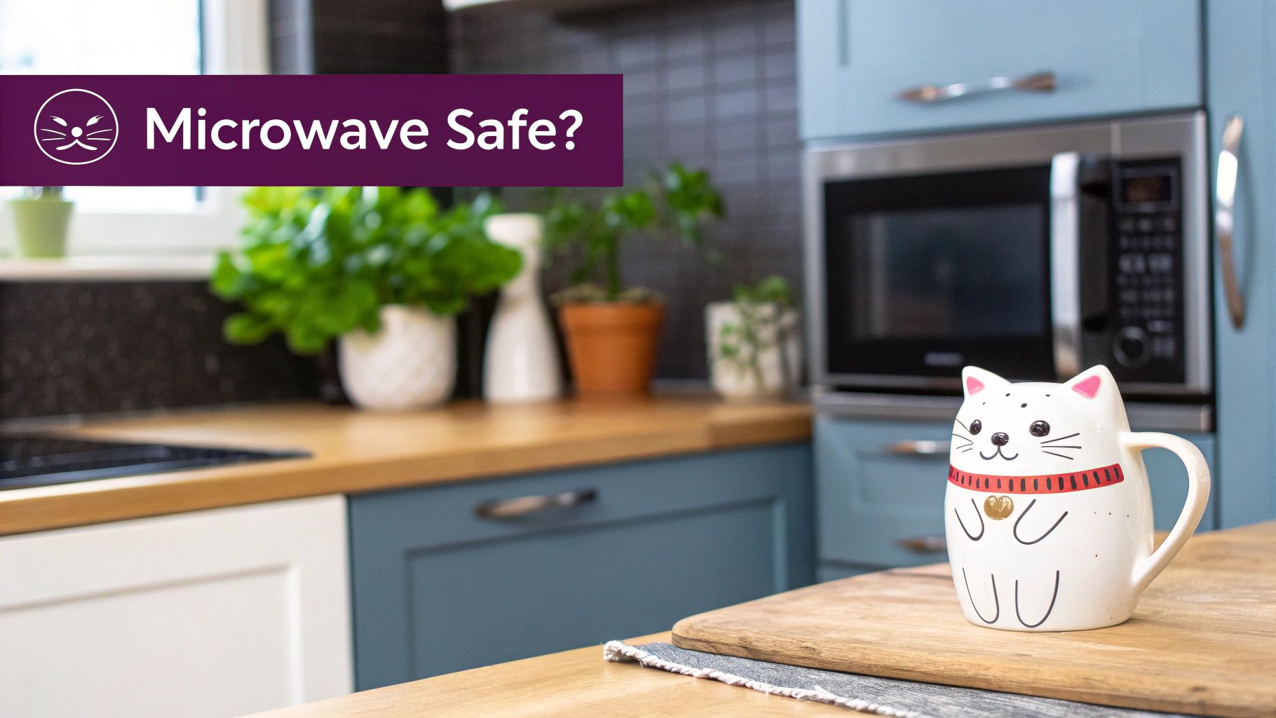 A cute white cat mug with a red collar sits on a wooden board in a modern kitchen, asking if it's microwave safe.