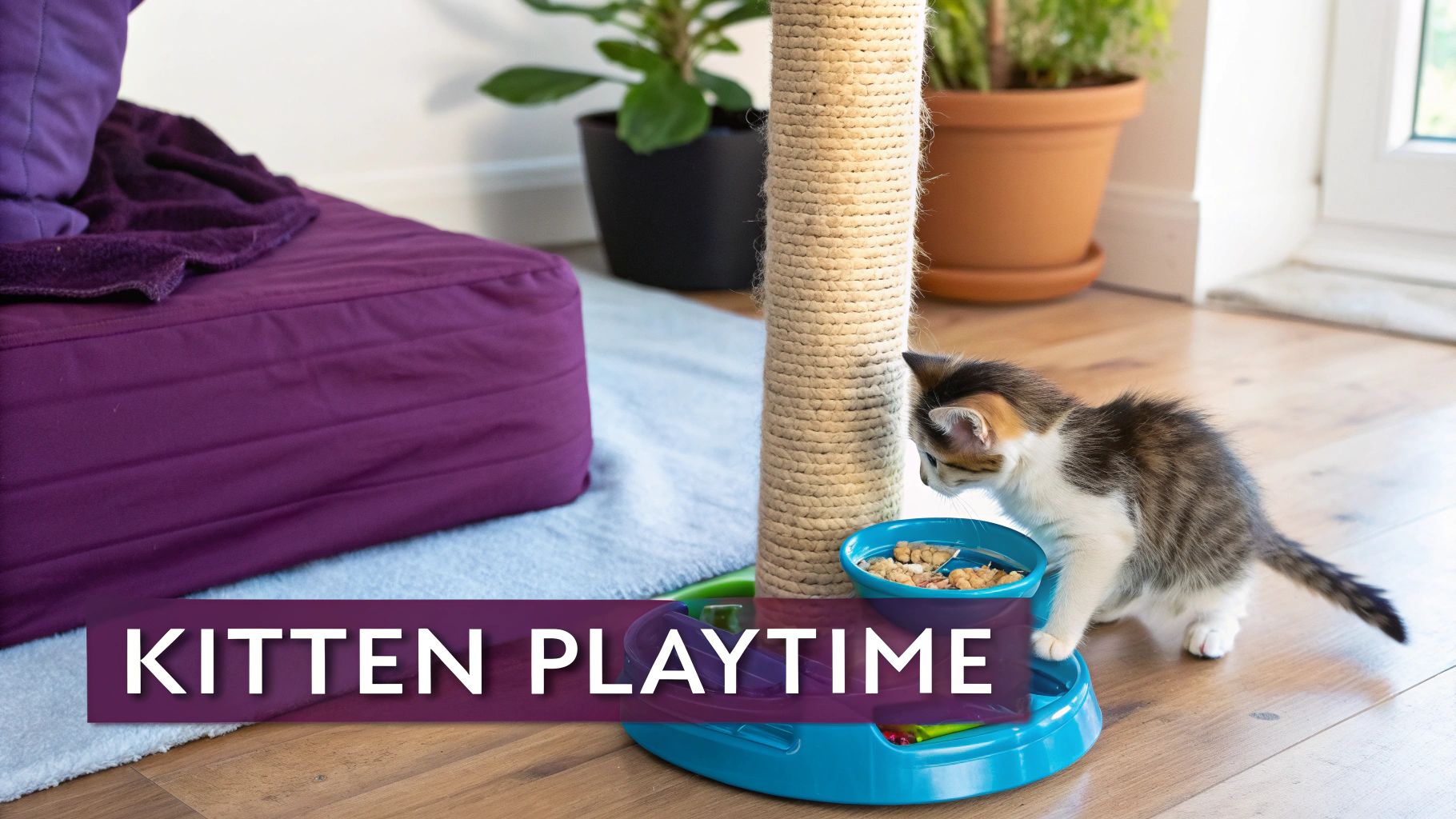 A kitten playing with colorful toys in a cozy, sunlit room.