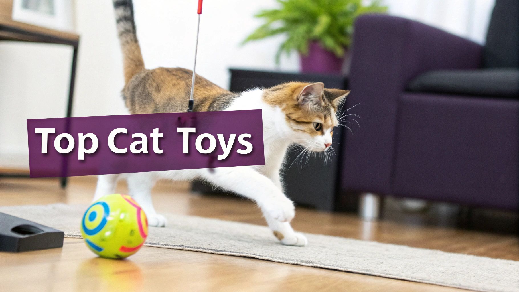 A domestic short-haired cat plays with a red toy wand and a colorful ball on a rug, with 'Top Cat Toys' text.