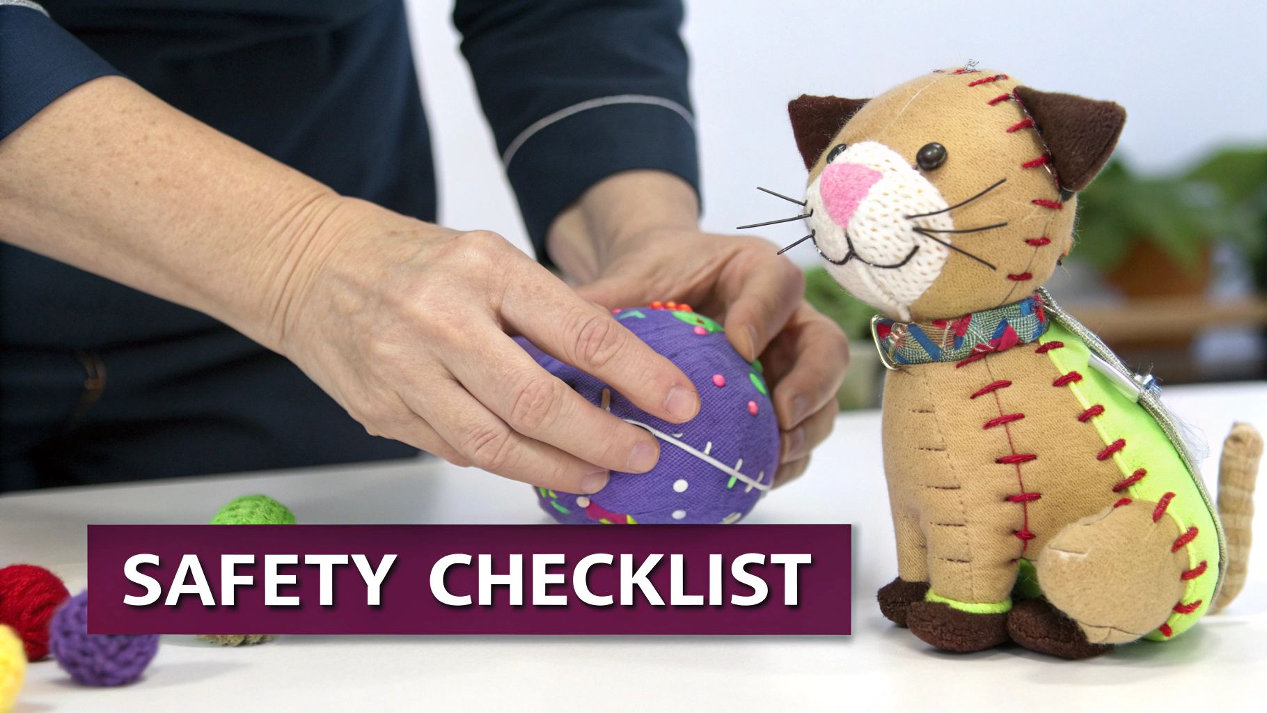 Hands arrange a purple pin cushion next to a homemade fabric cat doll and colorful yarn balls.