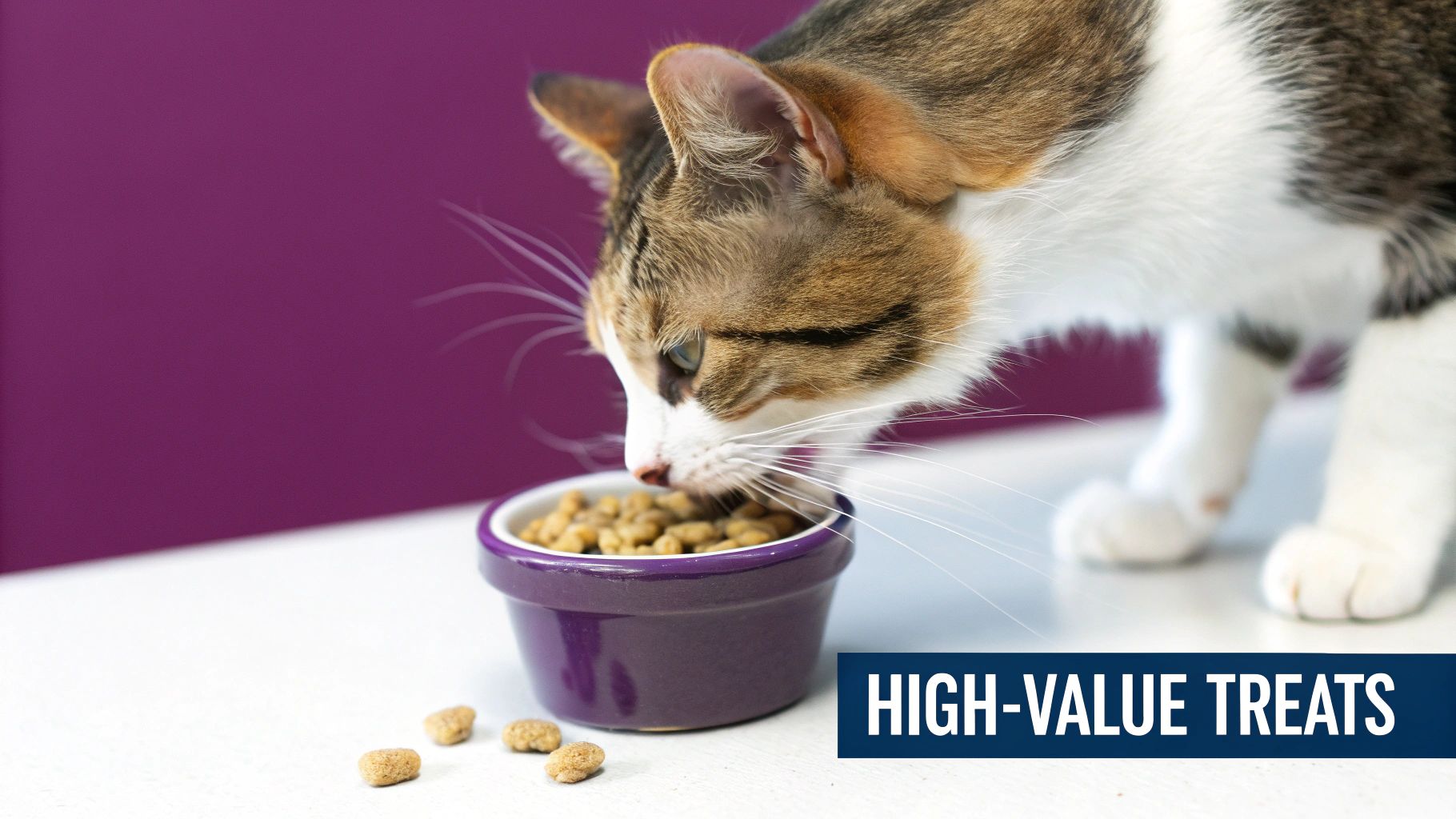 A curious cat looking up at a person holding a treat, ready for a training session.