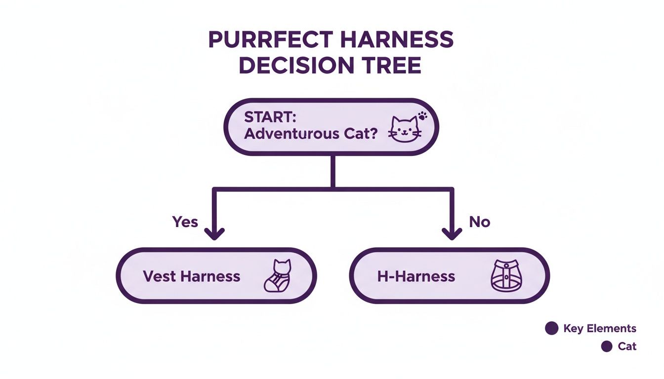 A cat harness decision tree: adventurous cats get a vest, non-adventurous cats get an H-harness.
