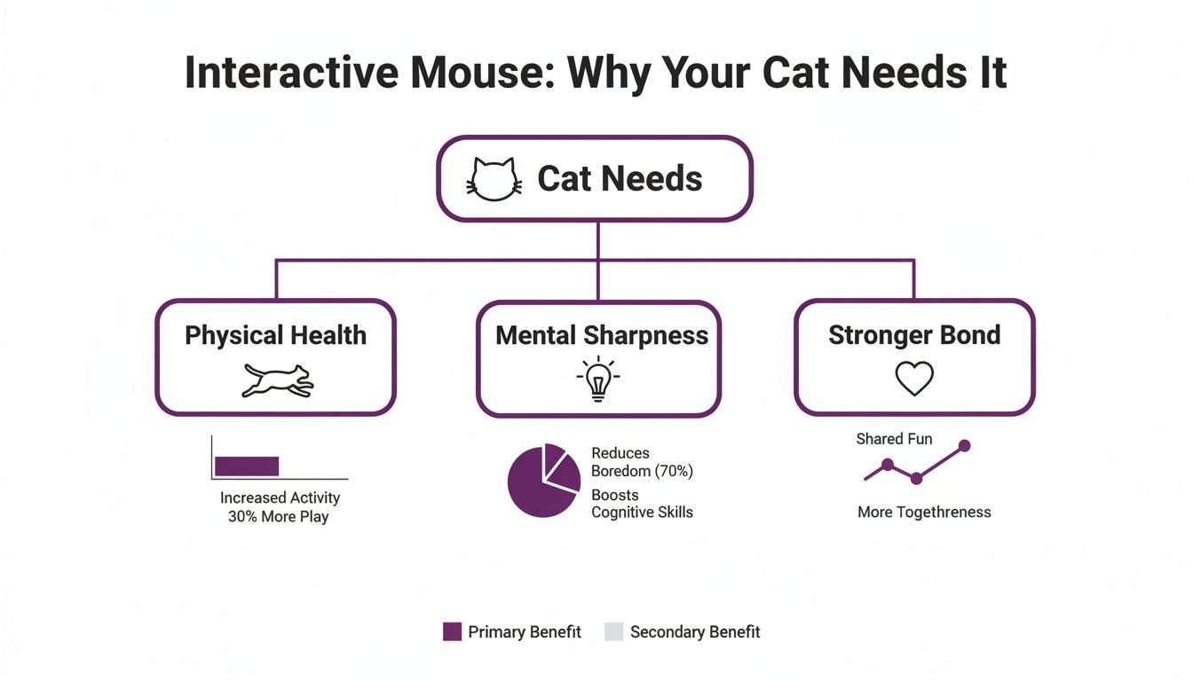 Infographic illustrating the benefits of an interactive mouse for cats, detailing physical, mental, and bonding improvements.