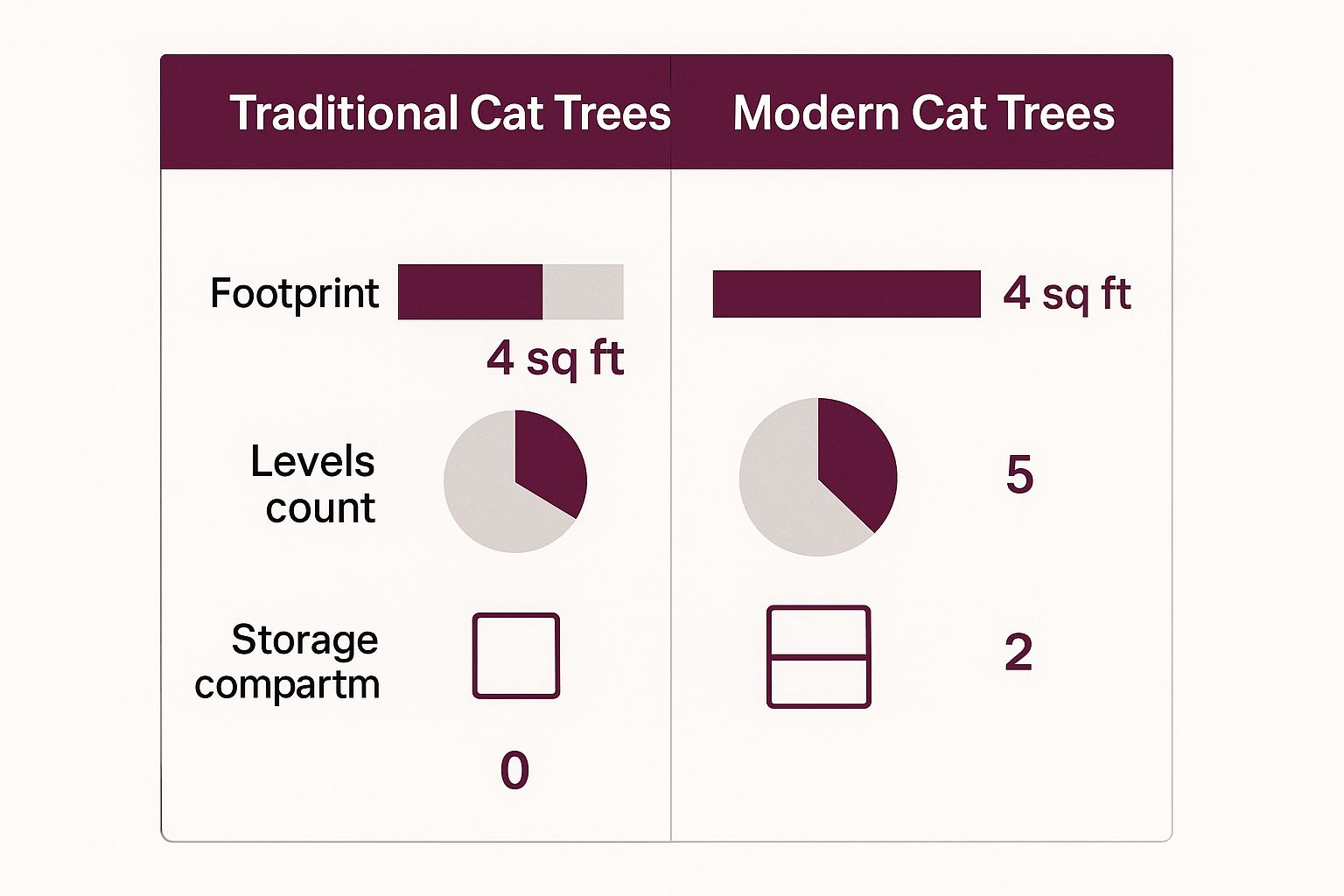 An infographic comparing traditional and modern cat trees on footprint, levels, and storage.