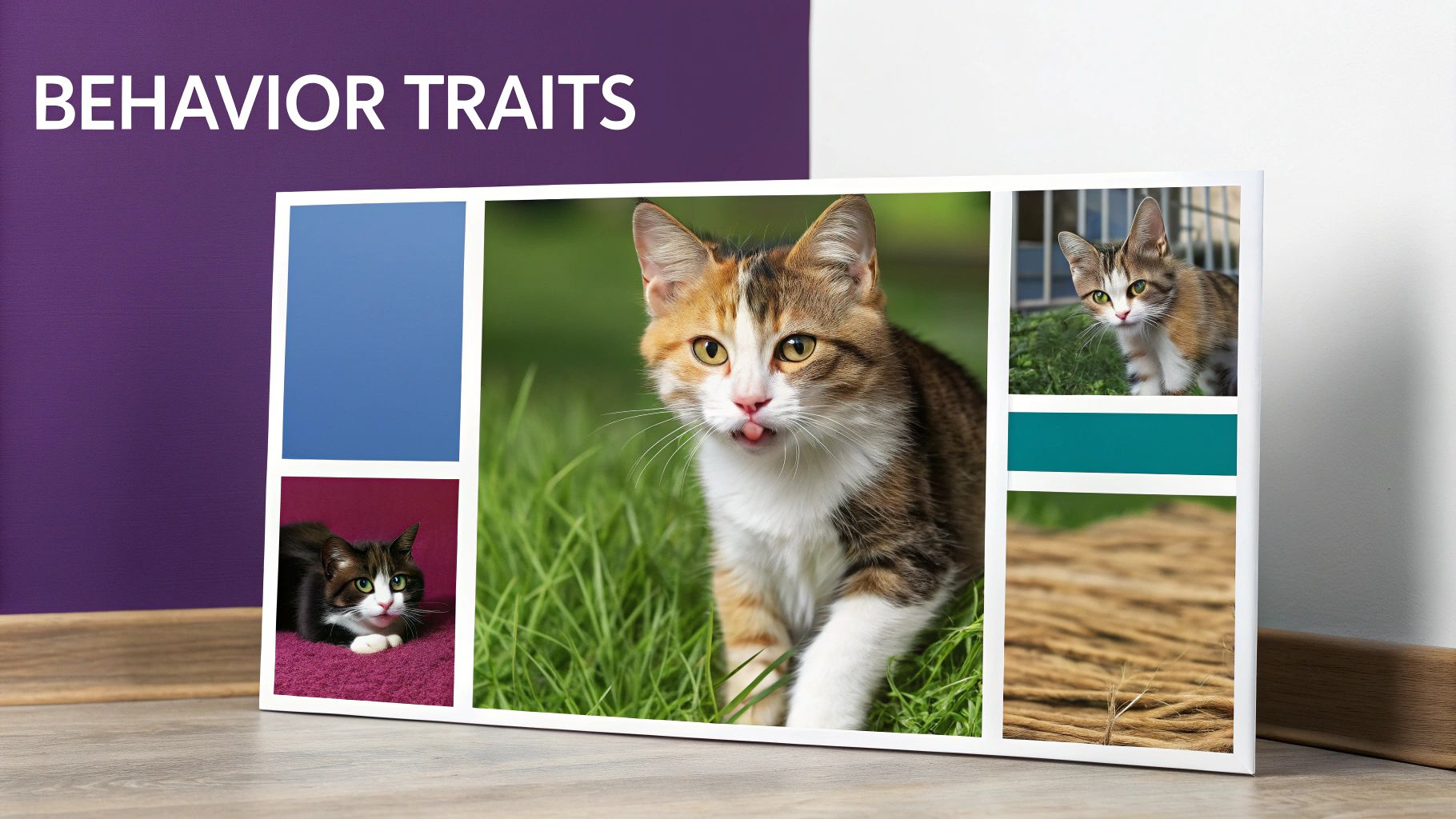 A collage displaying various cat photos and colored blocks, with text 'BEHAVIOR TRAITS'.
