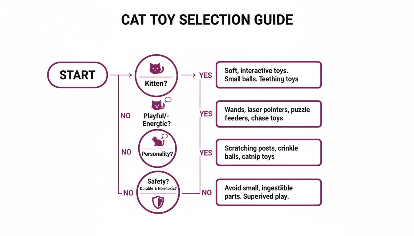A flowchart guiding cat owners to select appropriate toys based on cat's age, energy, personality, and safety concerns.