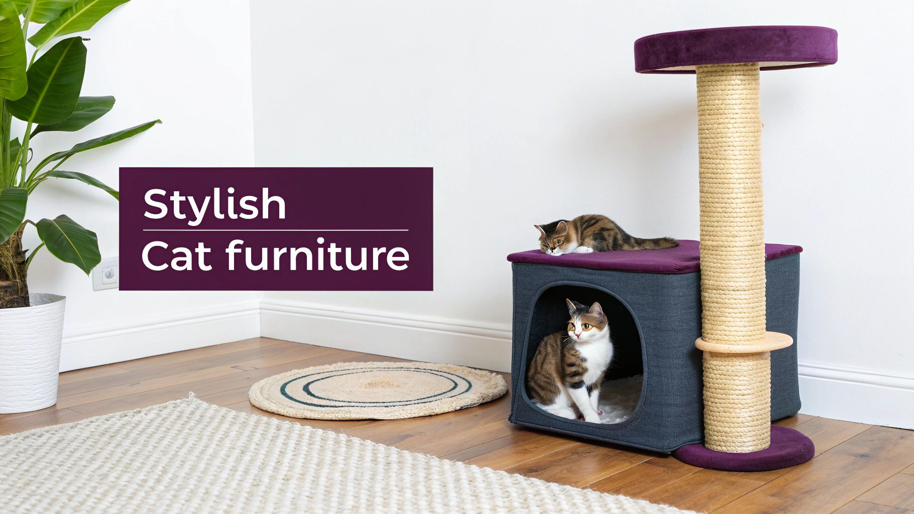 A modern cat tree with wooden elements in a stylish living room.