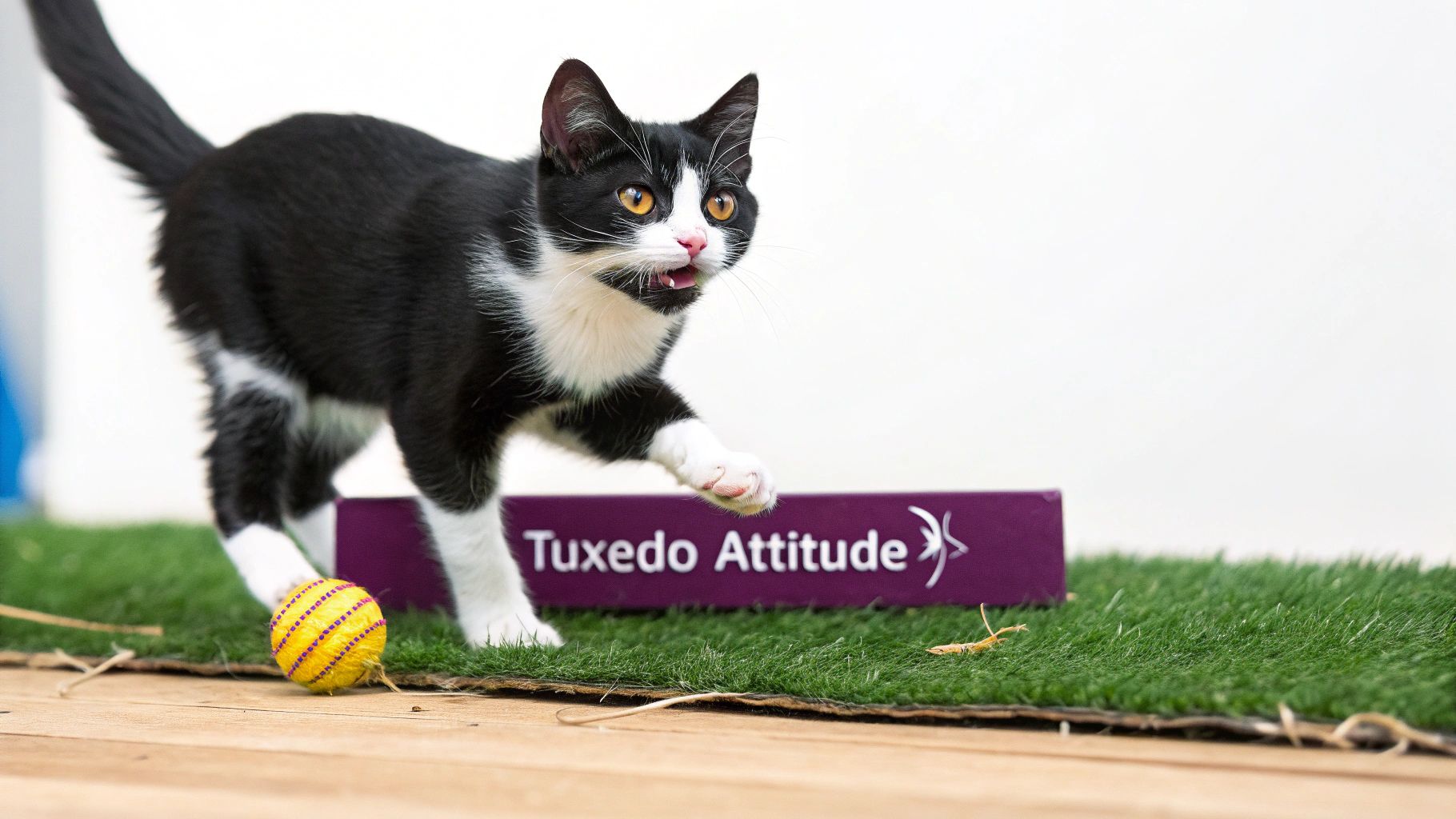 A playful tuxedo cat with orange eyes steps over a yellow ball next to a 'Tuxedo Attitude' box.