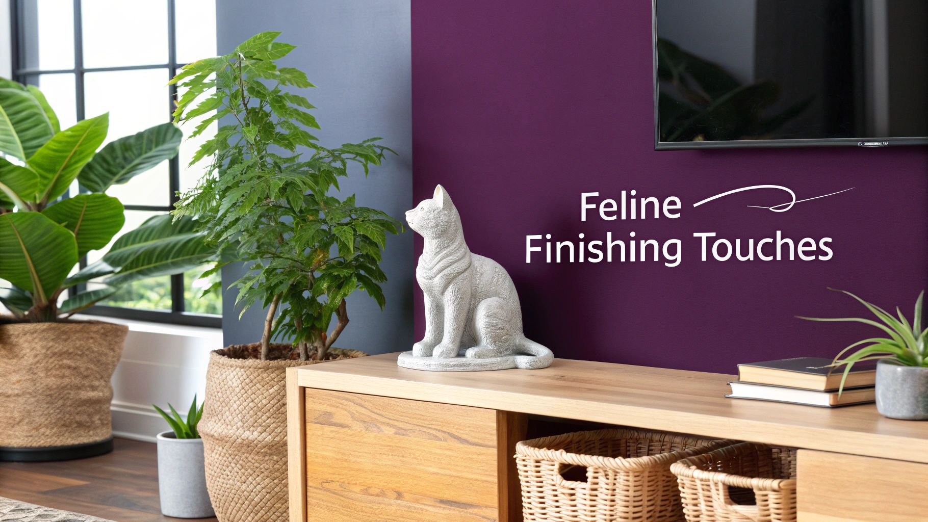 A minimalist living room with a subtle cat-themed throw pillow and elegant cat line art on the wall.