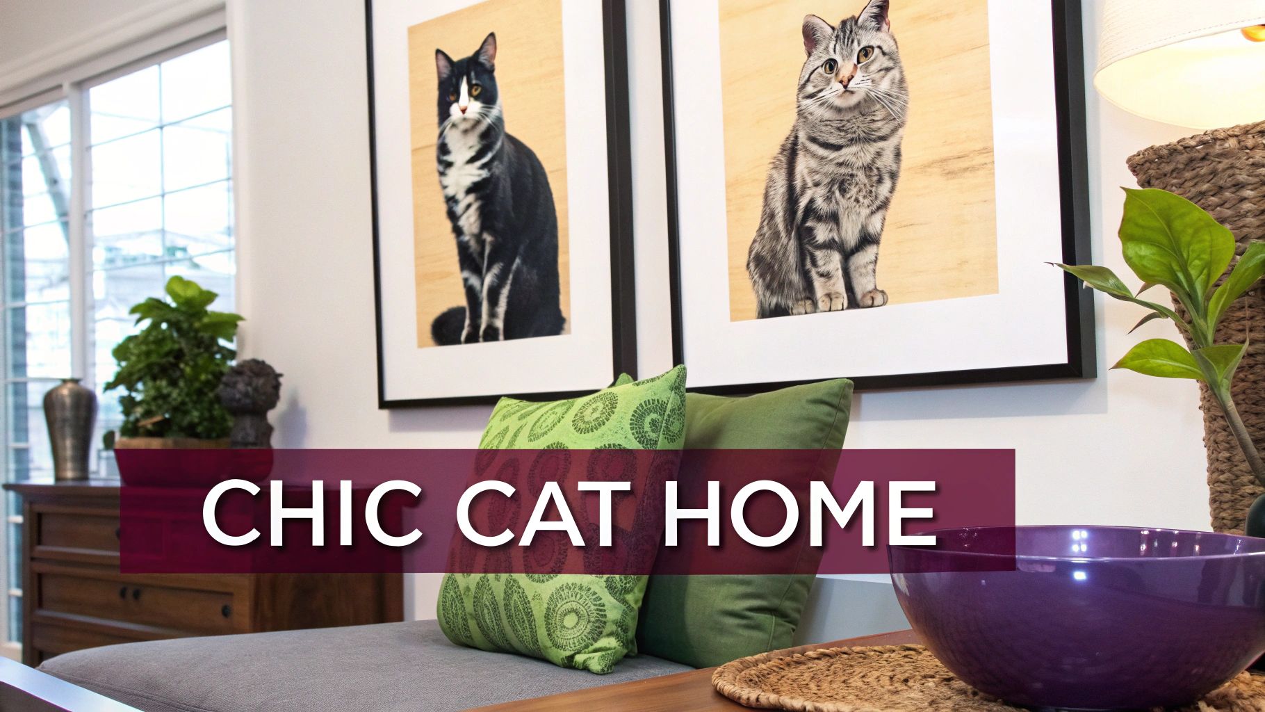 A stylish living room with subtle cat-themed decor like pillows and art