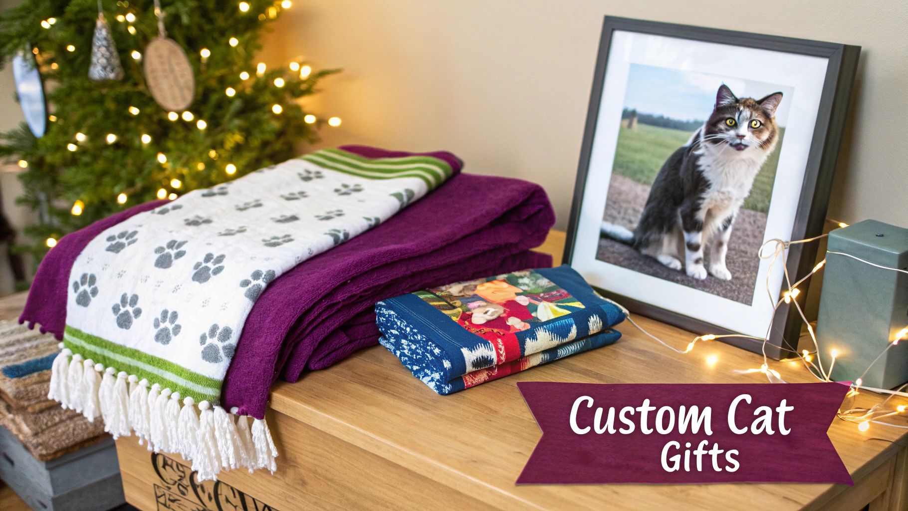 A person holding a custom cat-themed mug with a cat photo on it.