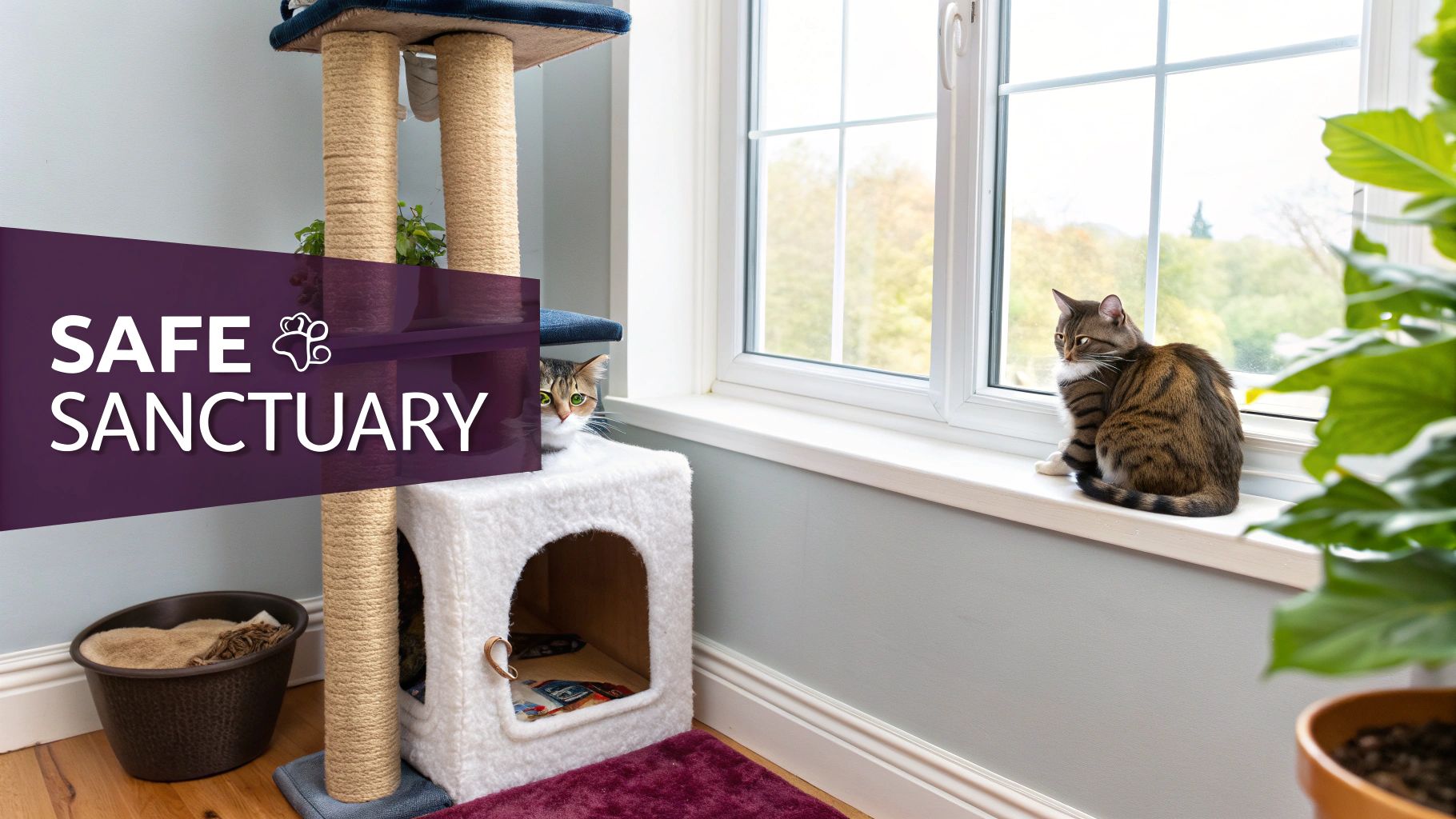 Two cats in a bright room, one on a window sill and another in a cat cubby.