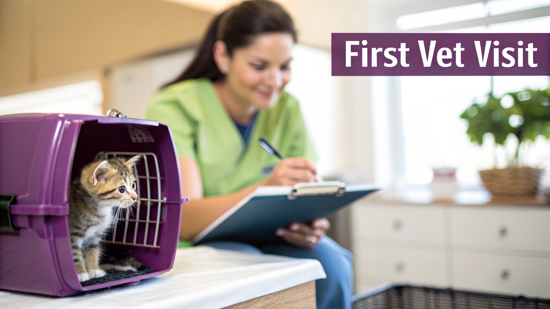 A cute tabby kitten peeks from a purple carrier during its first vet visit with a smiling assistant.
