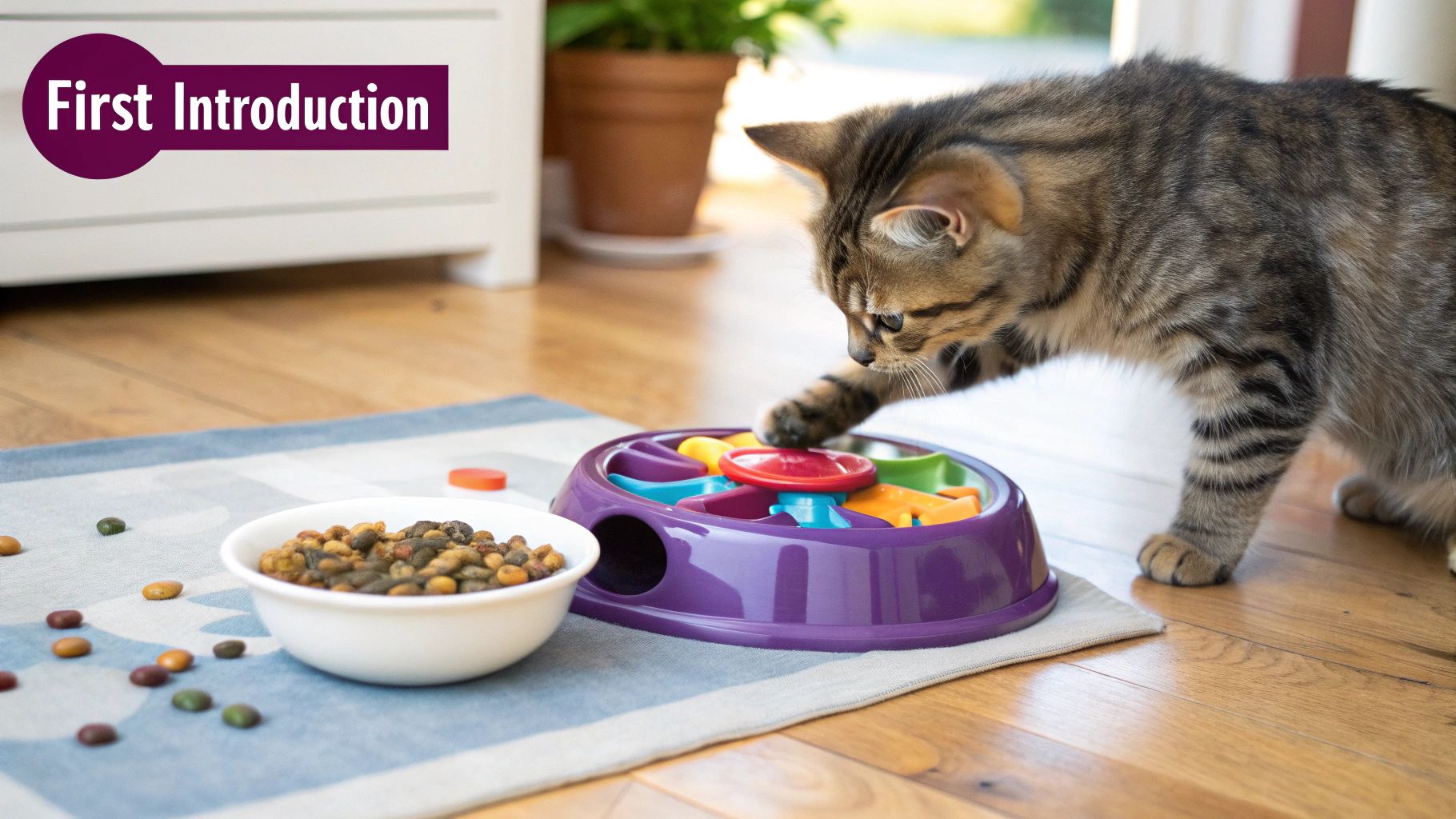 A person introduces a puzzle toy to their cat on a wooden floor.
