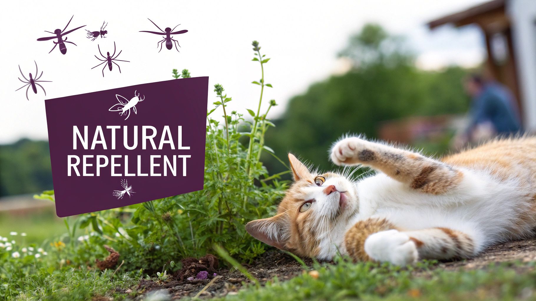An orange and white cat rolling in the grass next to a purple sign for natural insect repellent.