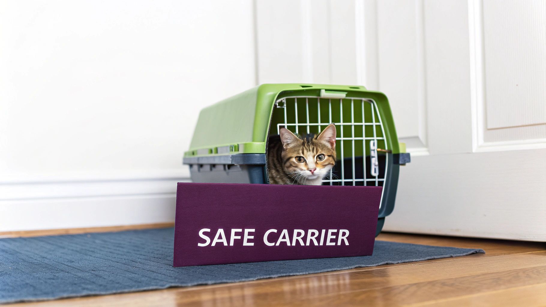 A cute tabby cat peeking out of a green pet carrier with a 'SAFE CARRIER' sign on a blue mat, indoors.