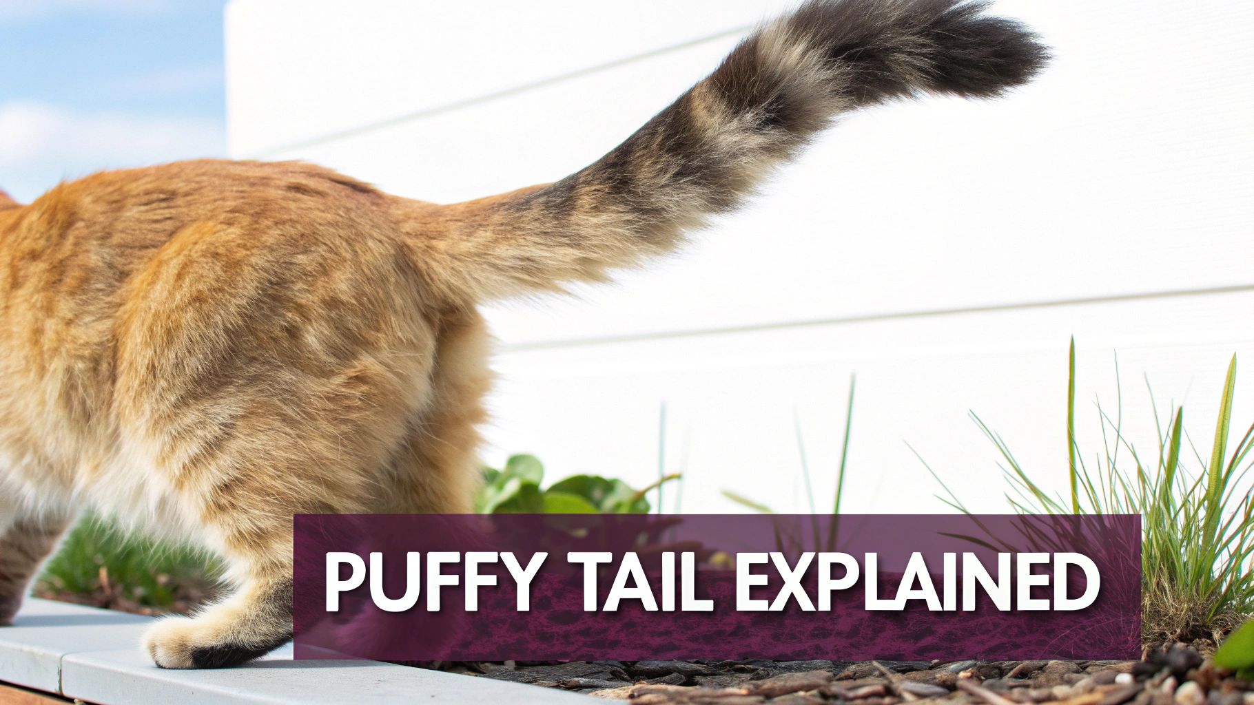 Close-up back view of an orange tabby cat with a visibly puffy, striped tail outdoors.