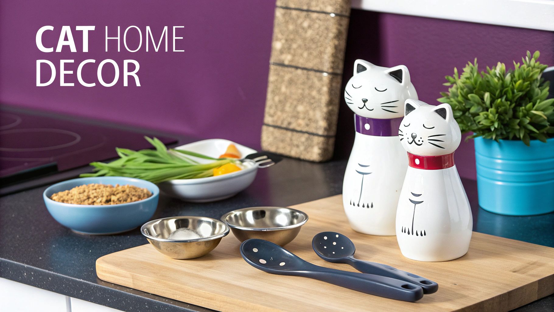 A modern living room with subtle cat-themed decor like pillows and a wall clock.