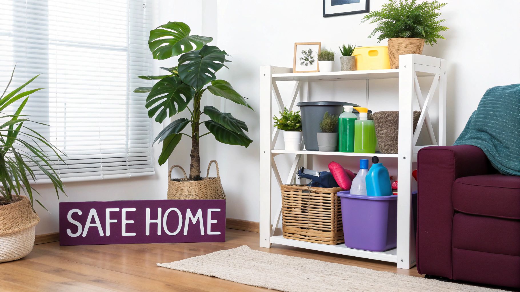 A curious cat peeking out from behind a piece of furniture in a cozy home.