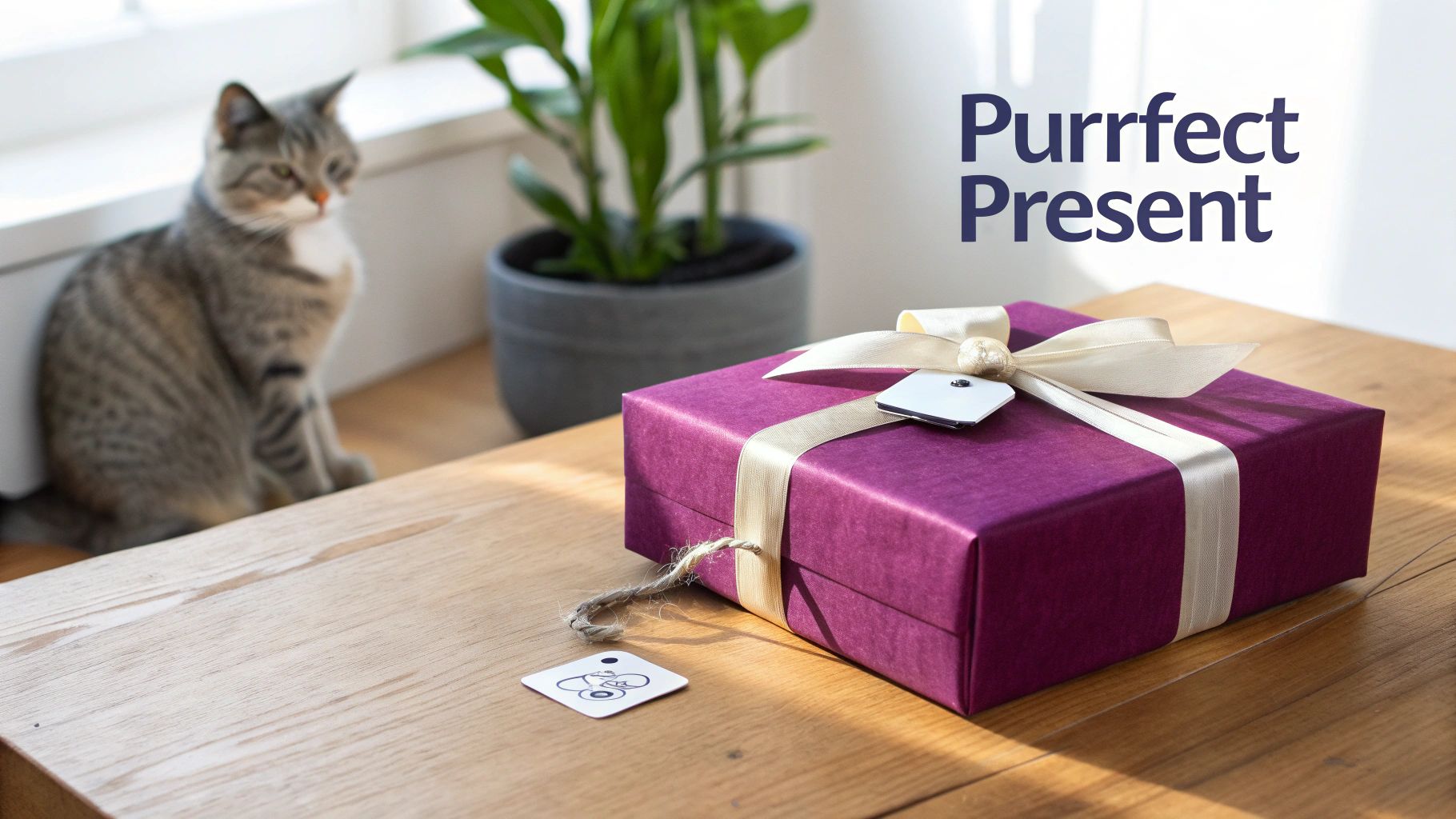 A purple gift box with a cream ribbon and a cat tag sits on a wooden table, with a blurred cat in the background.