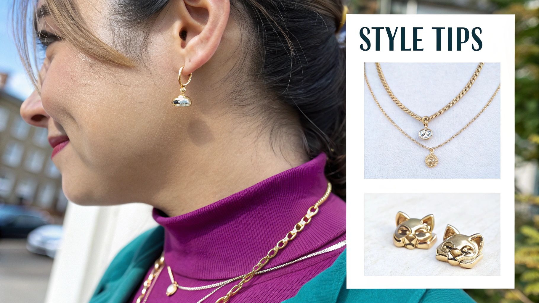 A woman models a gold earring and layered necklaces, next to a 'Style Tips' section featuring gold jewelry.