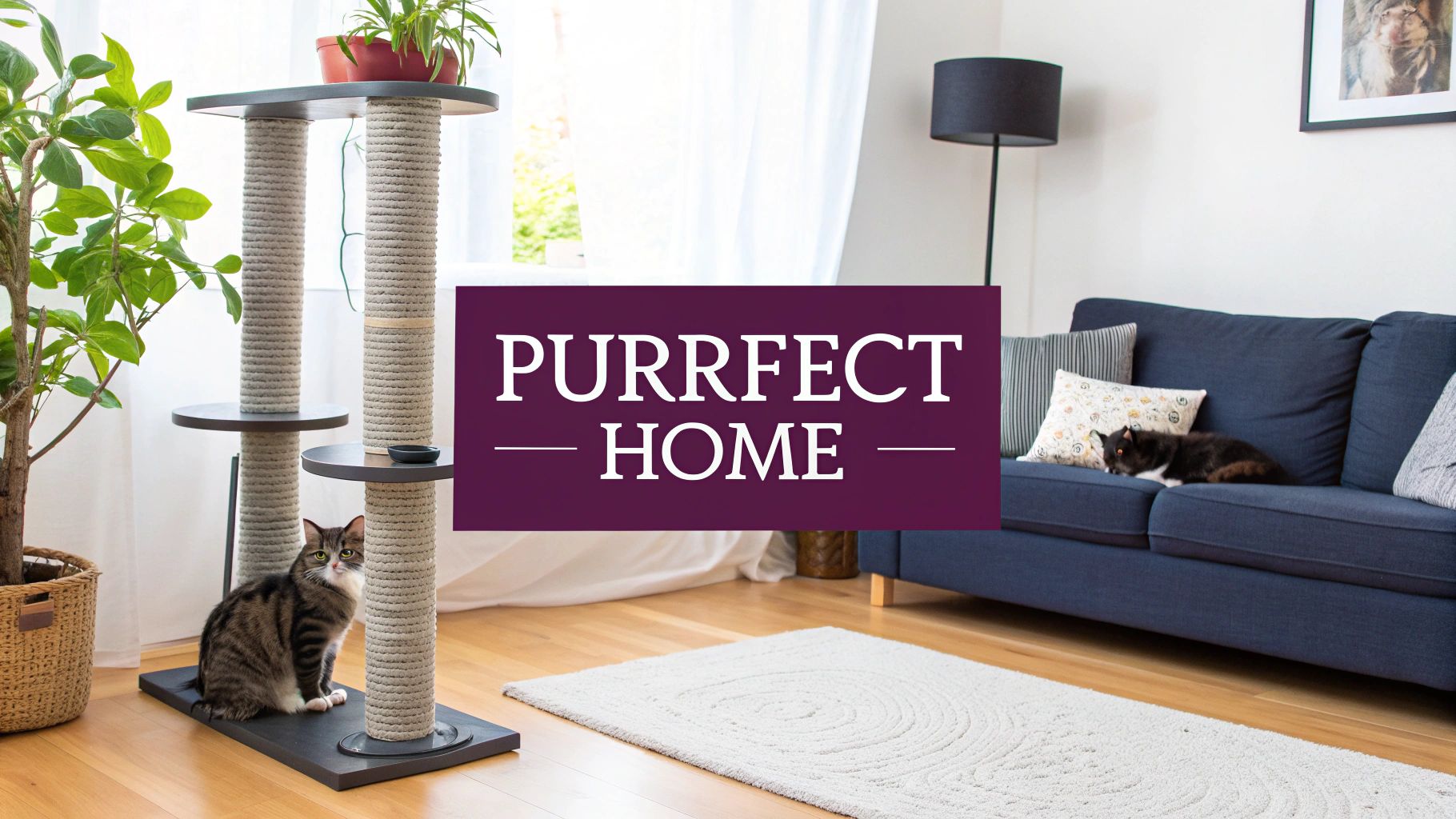 A tabby cat by a scratching post and a black cat on a blue sofa in a bright living room.