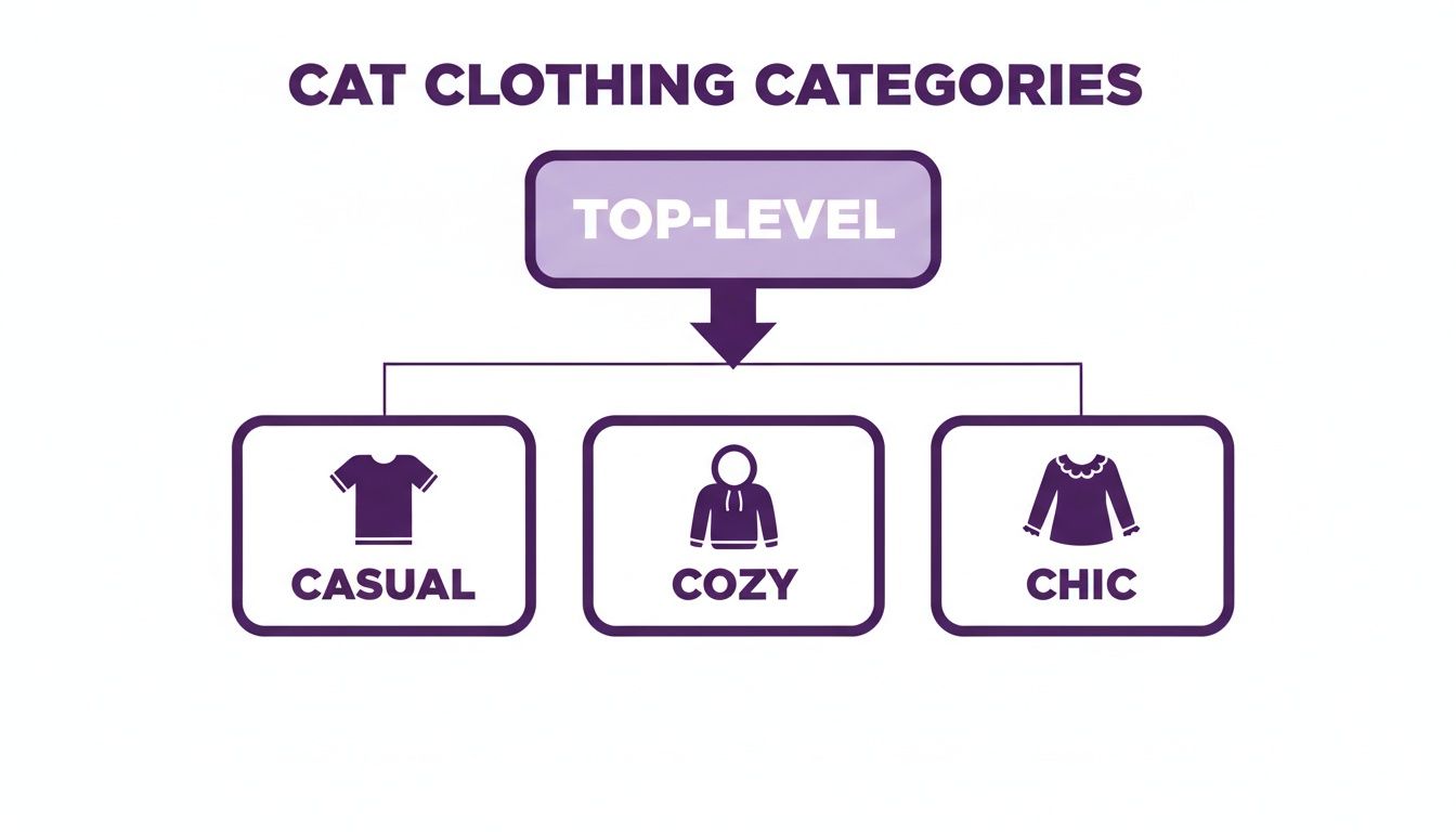 A hierarchical diagram showing different cat clothing categories: Casual, Cozy, and Chic styles.