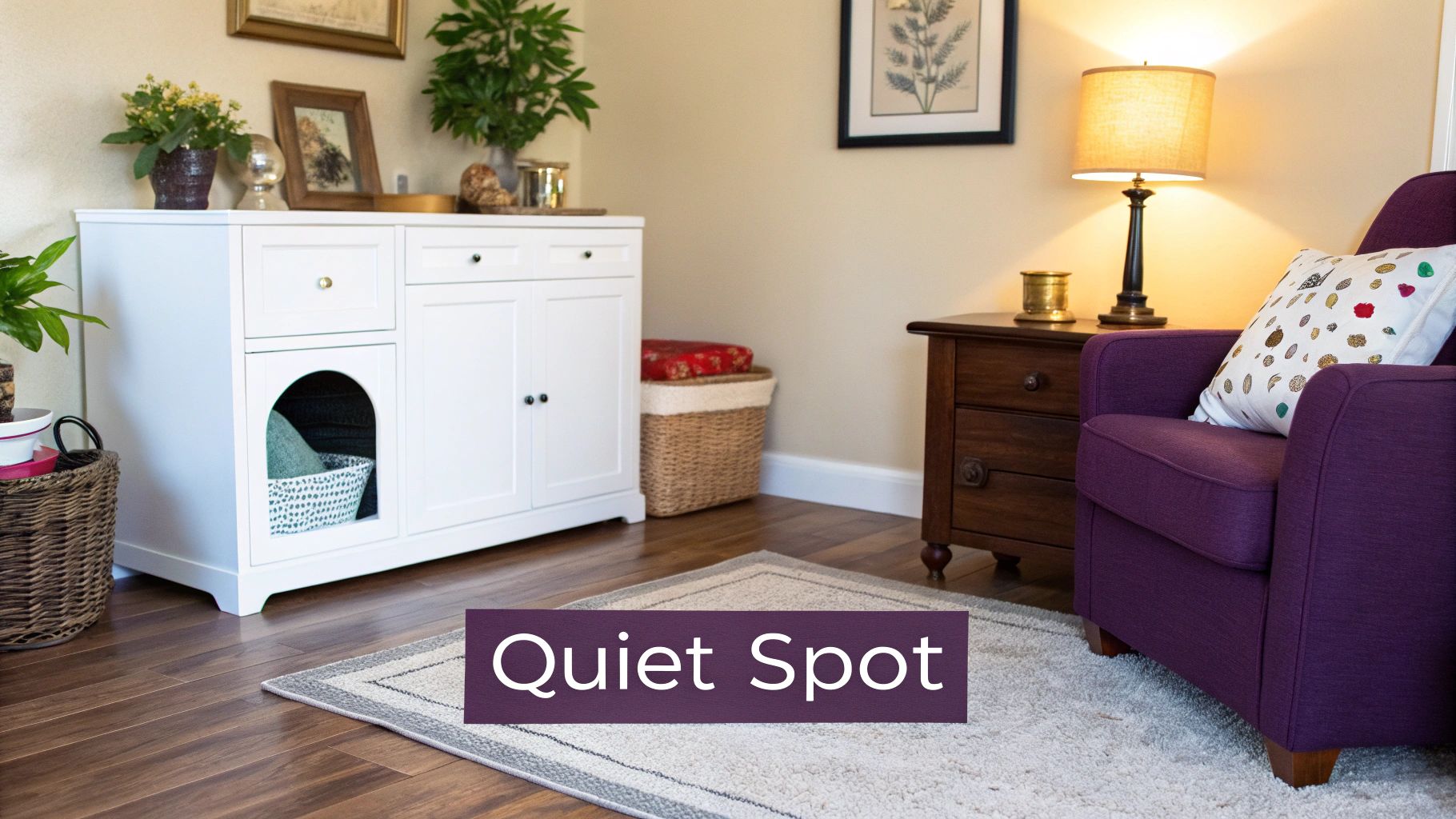 A shallow, low-sided litter box with kitten-safe litter in a quiet corner of a room.
