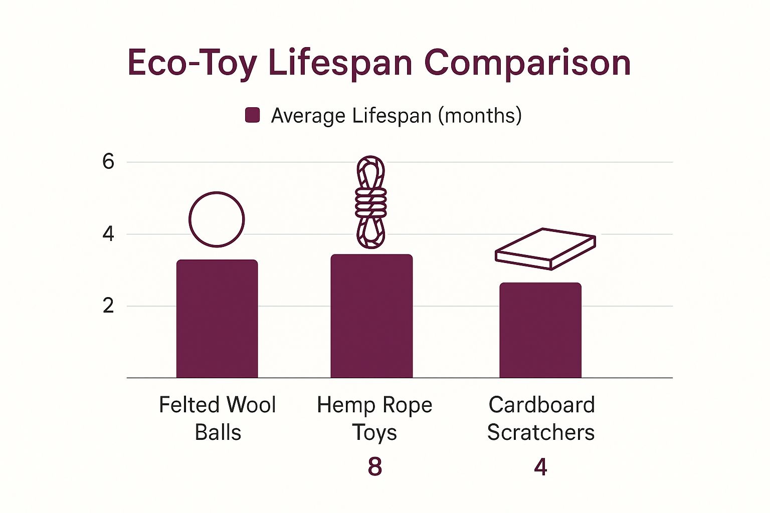 Infographic titled 'Eco-Toy Lifespan Comparison' showing average lifespan for felted wool balls (6 months), hemp rope toys (8 months), and cardboard scratchers (4 months).
