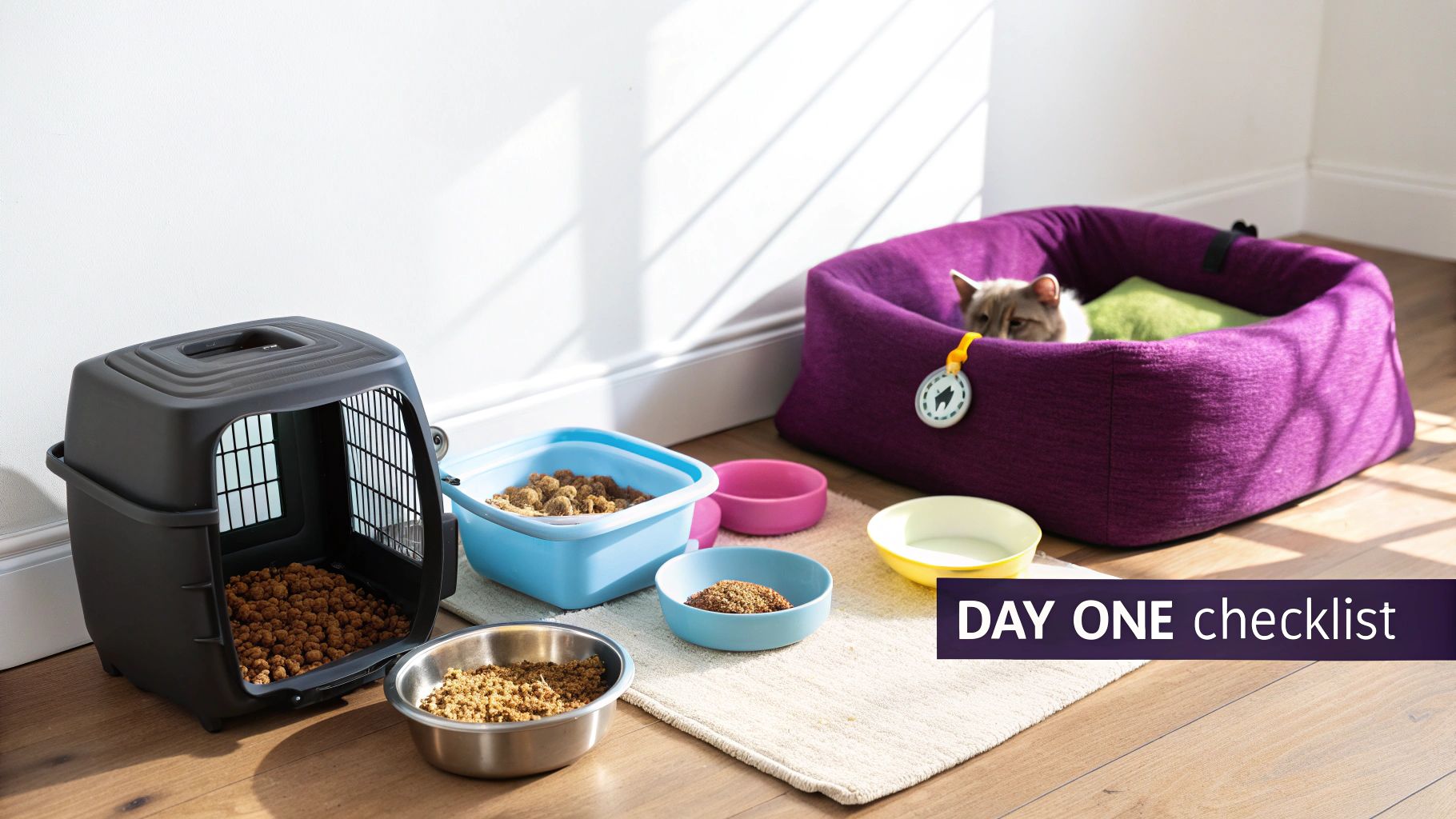 A cat's first day checklist shows a carrier, litter box, food bowls, and a cat in a purple bed.