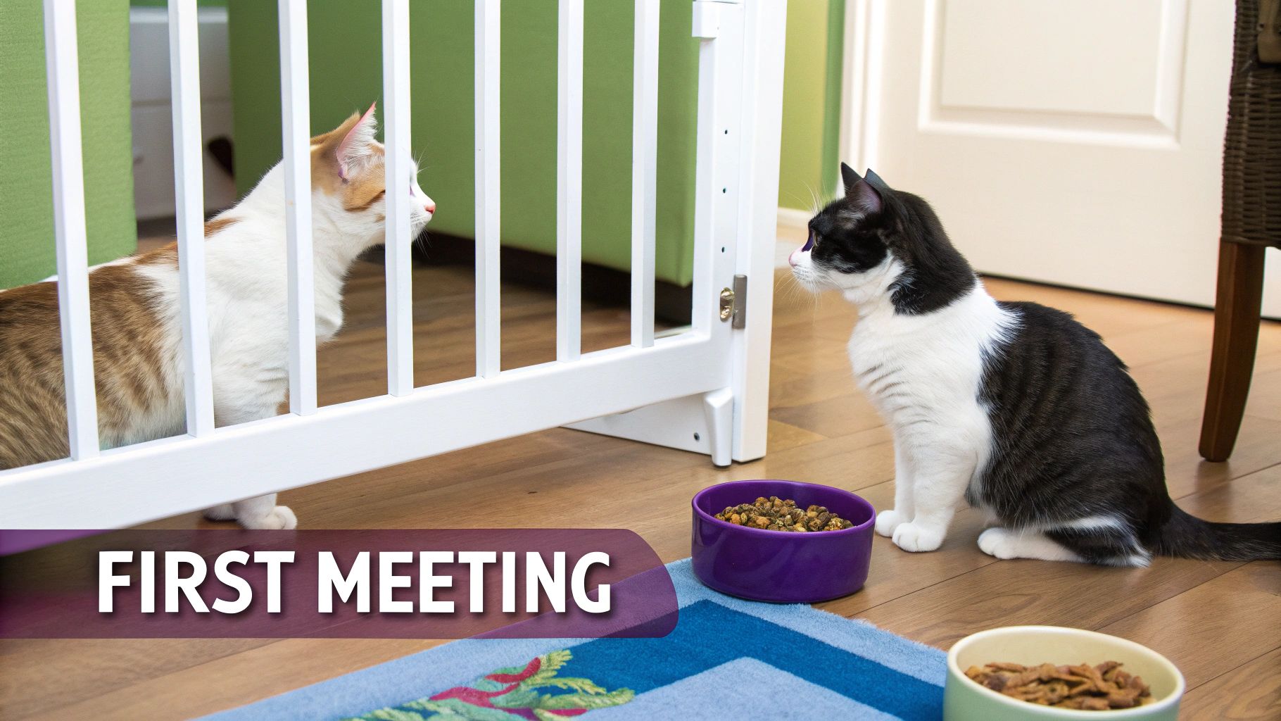 Two cats looking at each other through a white baby gate in a doorway.