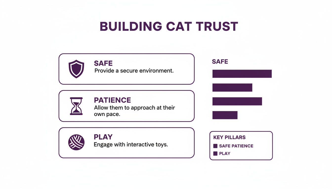 Infographic outlining three key pillars for building cat trust: providing safety, patience, and engaging in play.