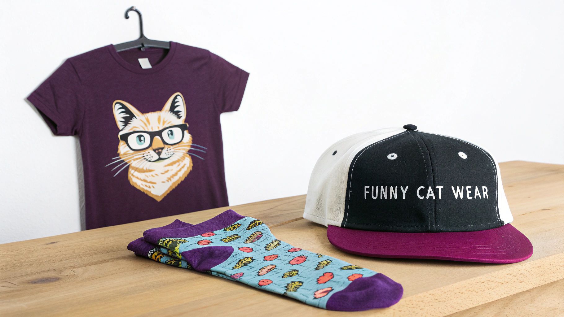A purple t-shirt with a cat wearing glasses, a "Funny Cat Wear" cap, and colorful socks on a wooden table.