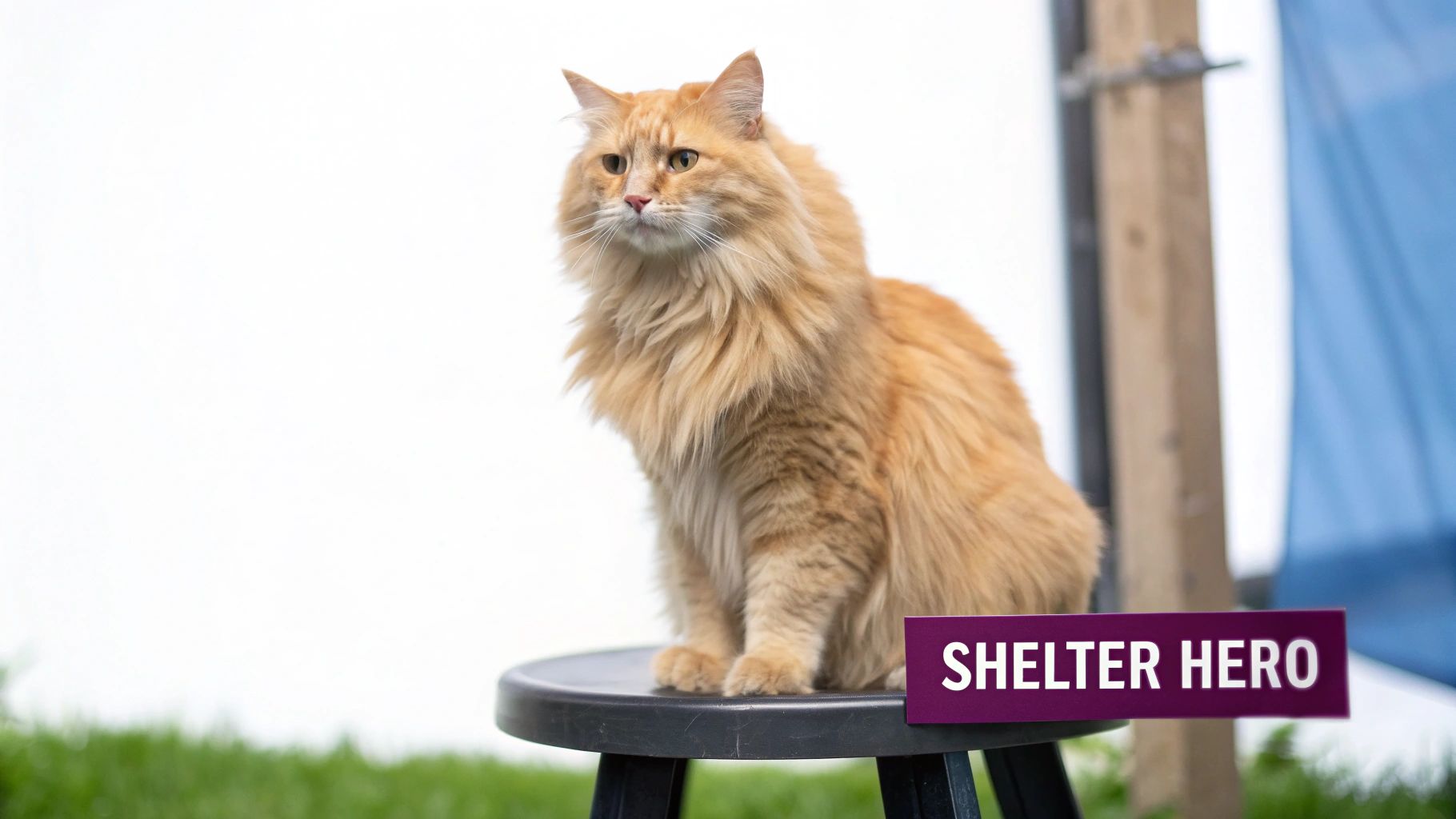 A fluffy orange cat with green eyes sits on a black stool, a 'SHELTER HERO' sign visible.