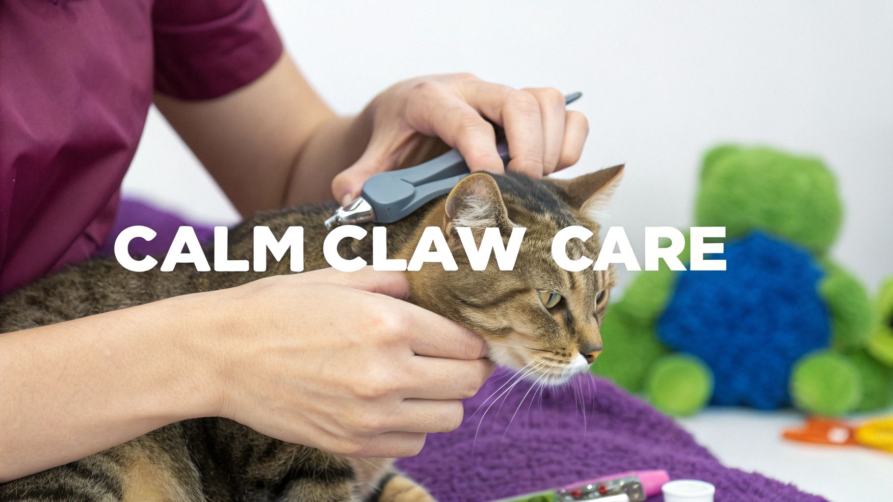 A calm cat having its claws trimmed by its owner.