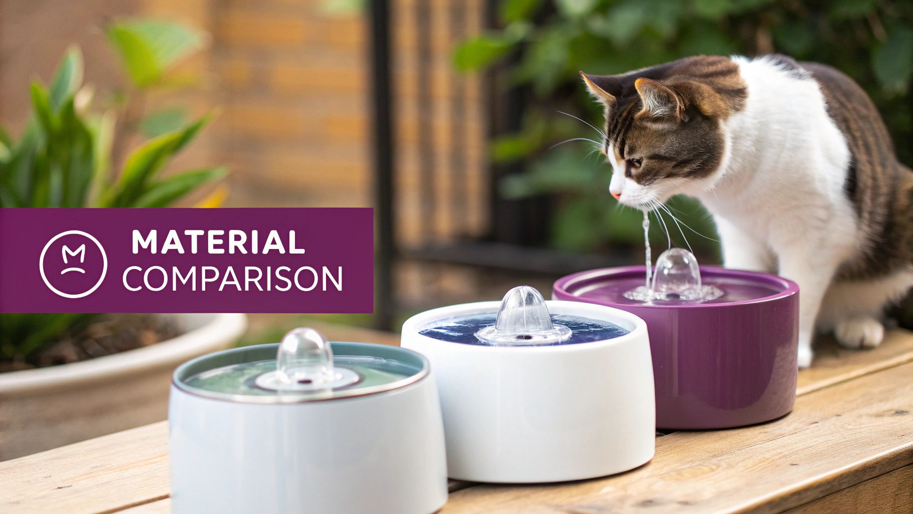 A domestic short-haired cat drinking from a purple water fountain, with two other cat fountains on a wooden table, and text 'MATERIAL COMPARISON'.