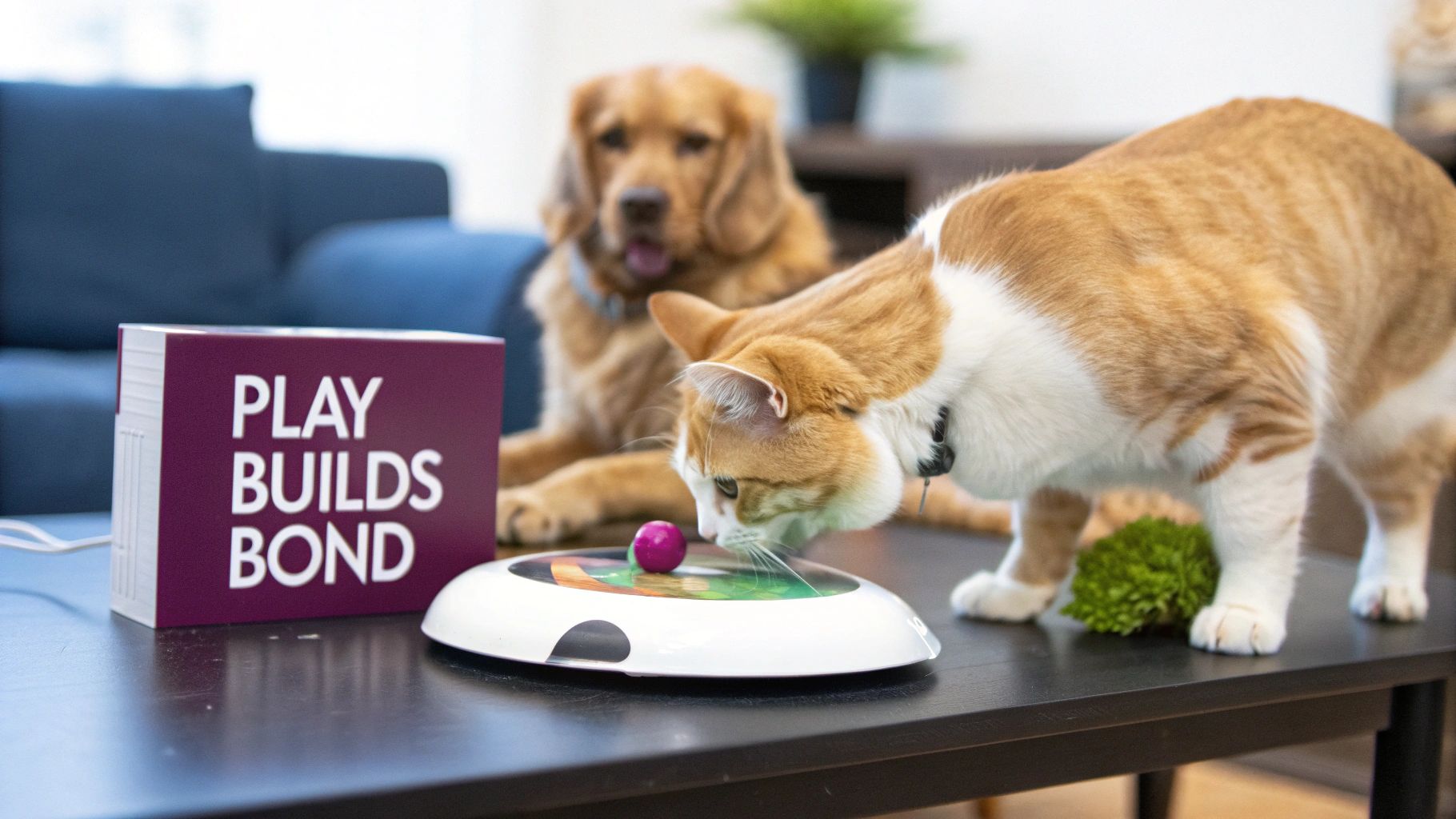 An orange and white cat sniffs a toy on a table while a golden retriever watches, with a 'Play Builds Bond' sign.