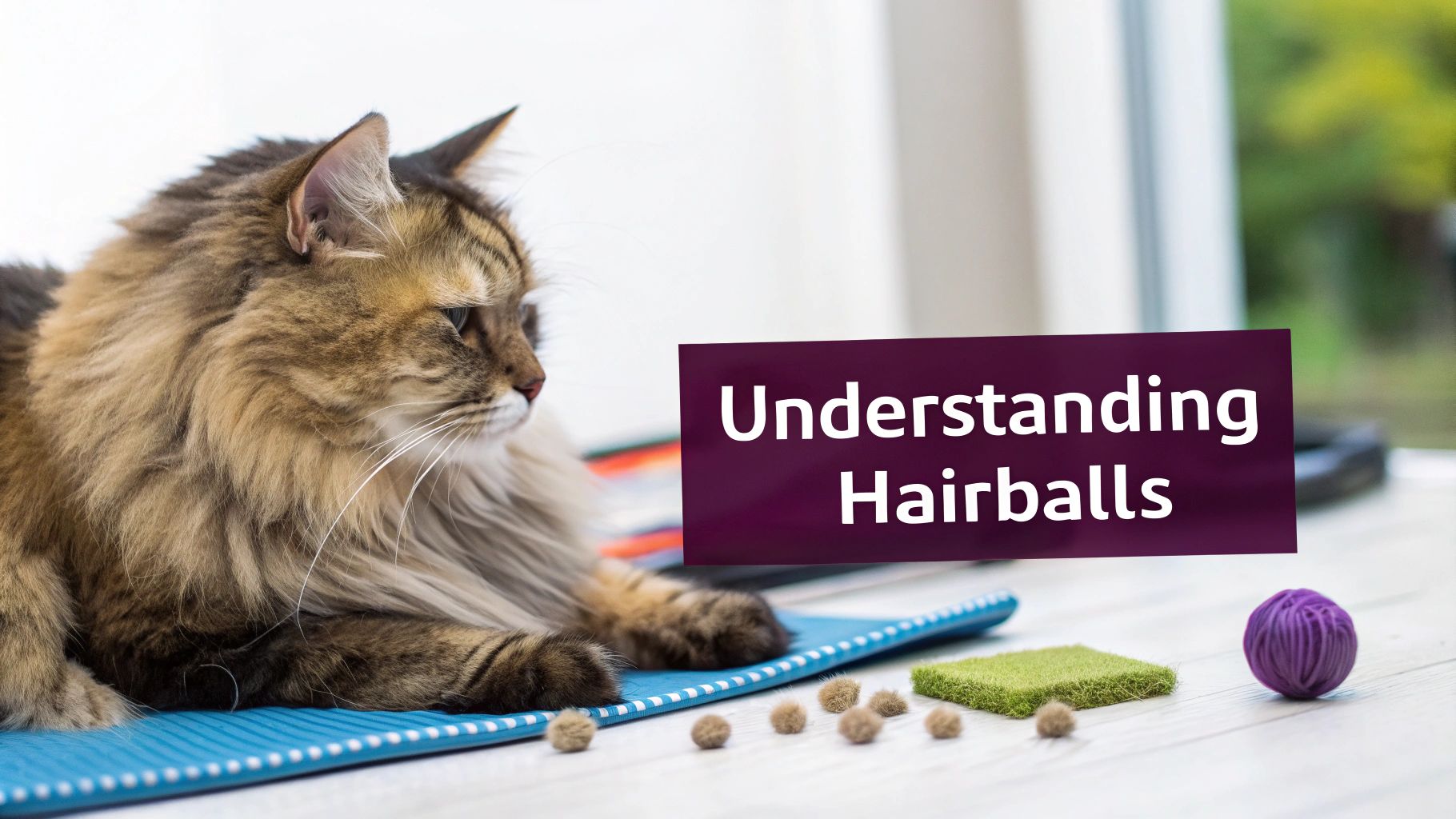 A fluffy cat licking its paw meticulously, surrounded by grooming tools.
