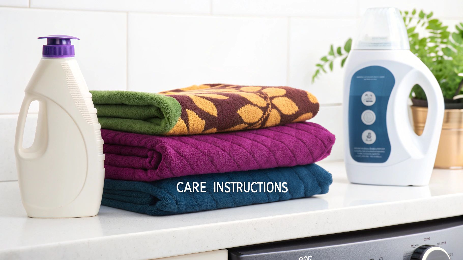 Stack of folded green, brown, purple, and blue towels with laundry detergent bottles and "CARE INSTRUCTIONS".
