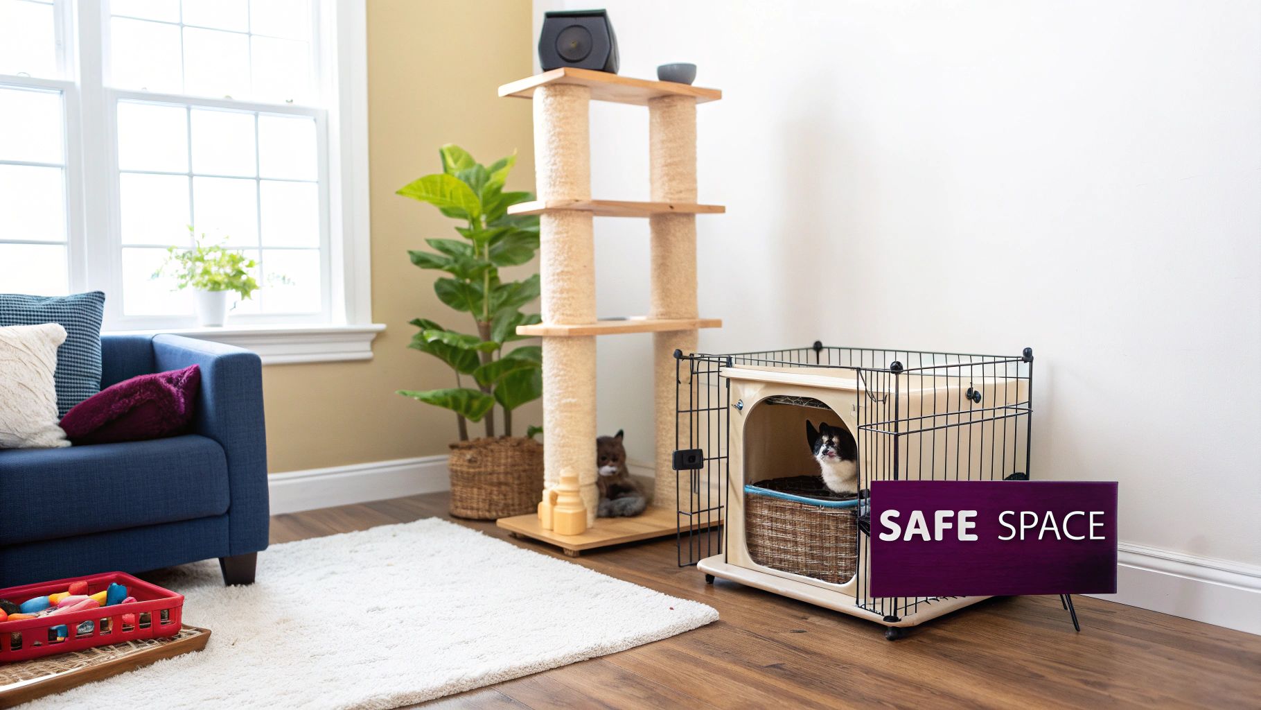 A cozy living room with a cat tree, a dog in a pet crate, and a "SAFE SPACE" sign.