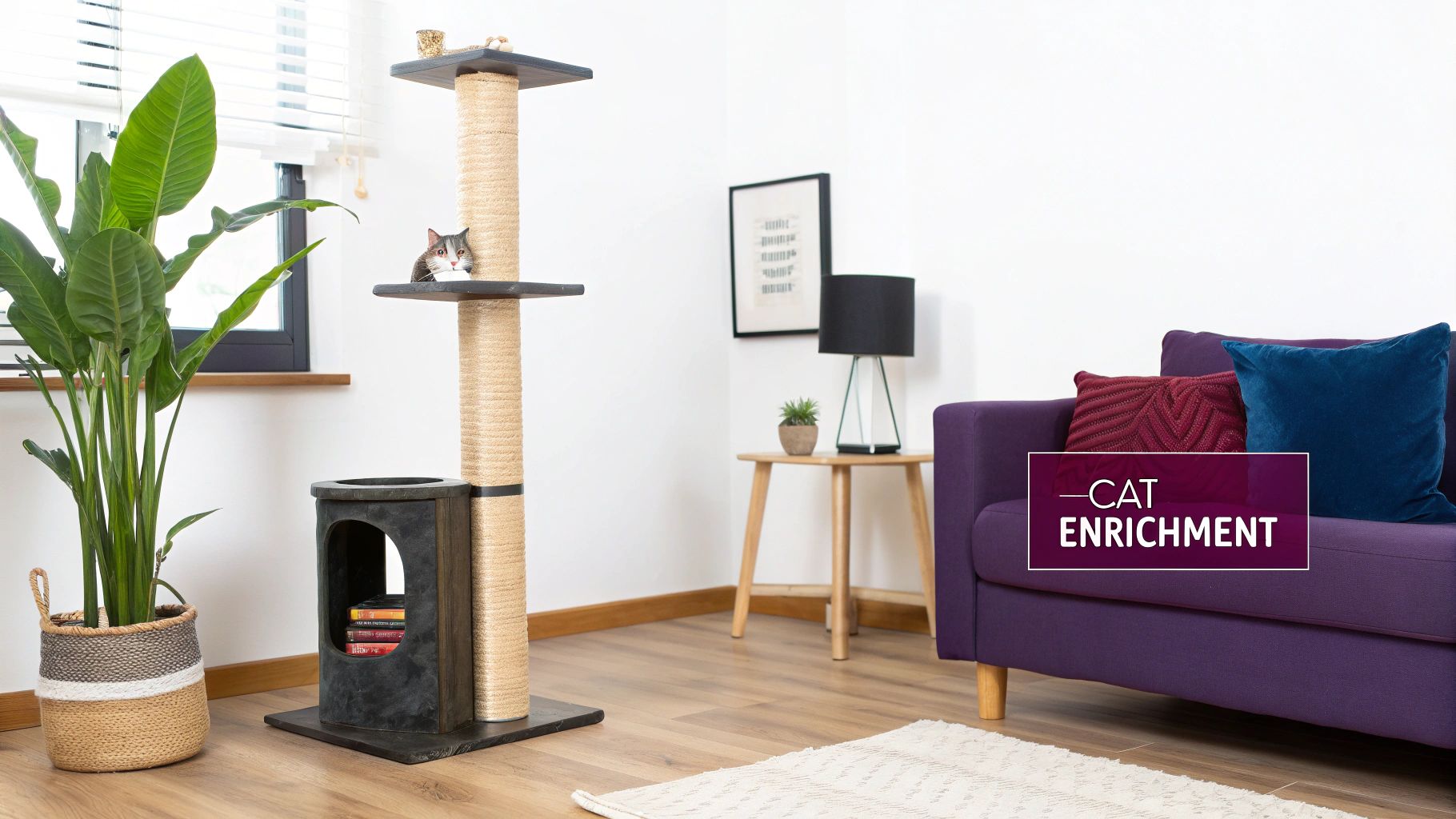A happy cat lounging on a stylish, modern cat tree that blends into the living room decor.