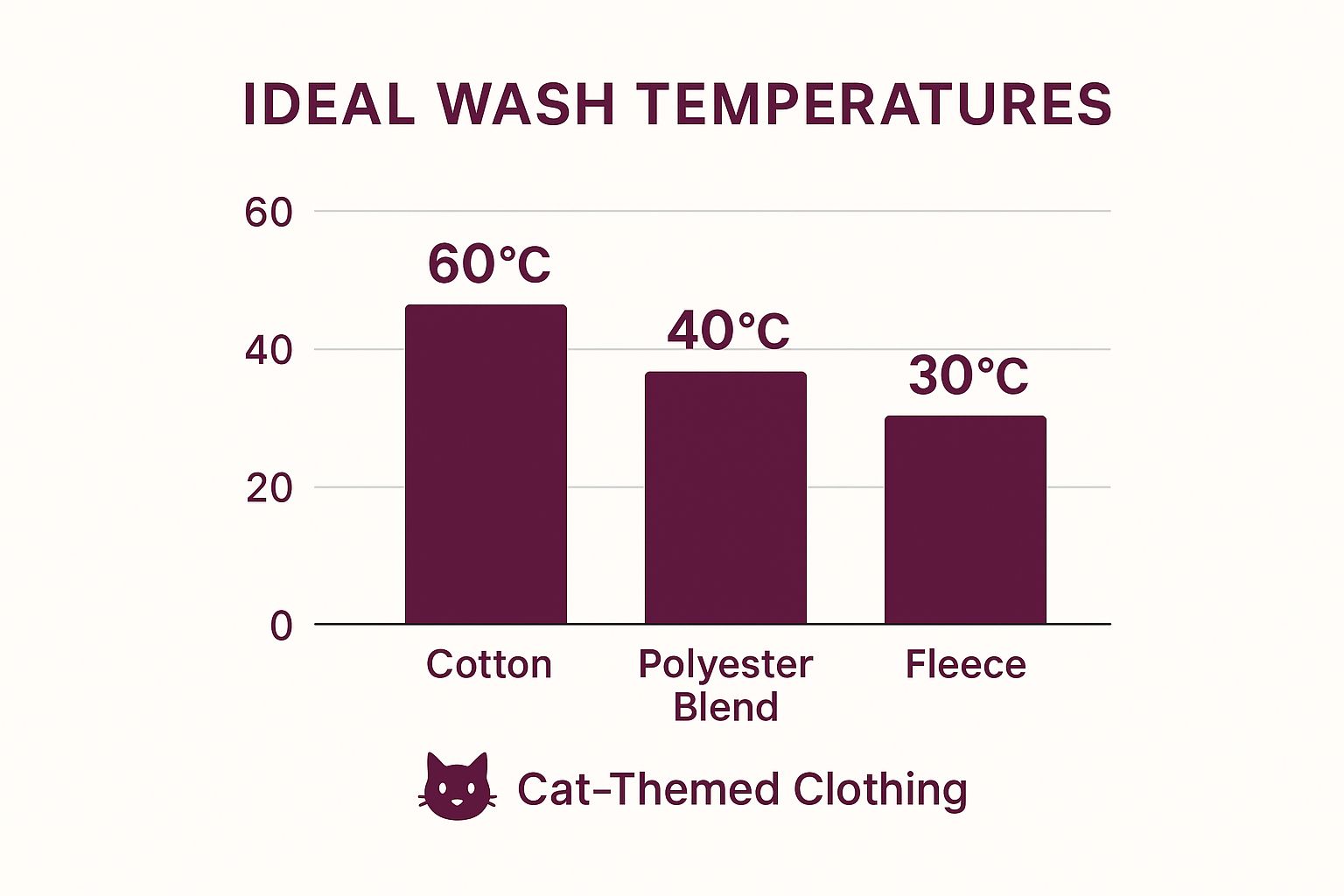 A bar chart showing the ideal wash temperatures for cotton, polyester blend, and fleece fabrics used in cat themed clothes.