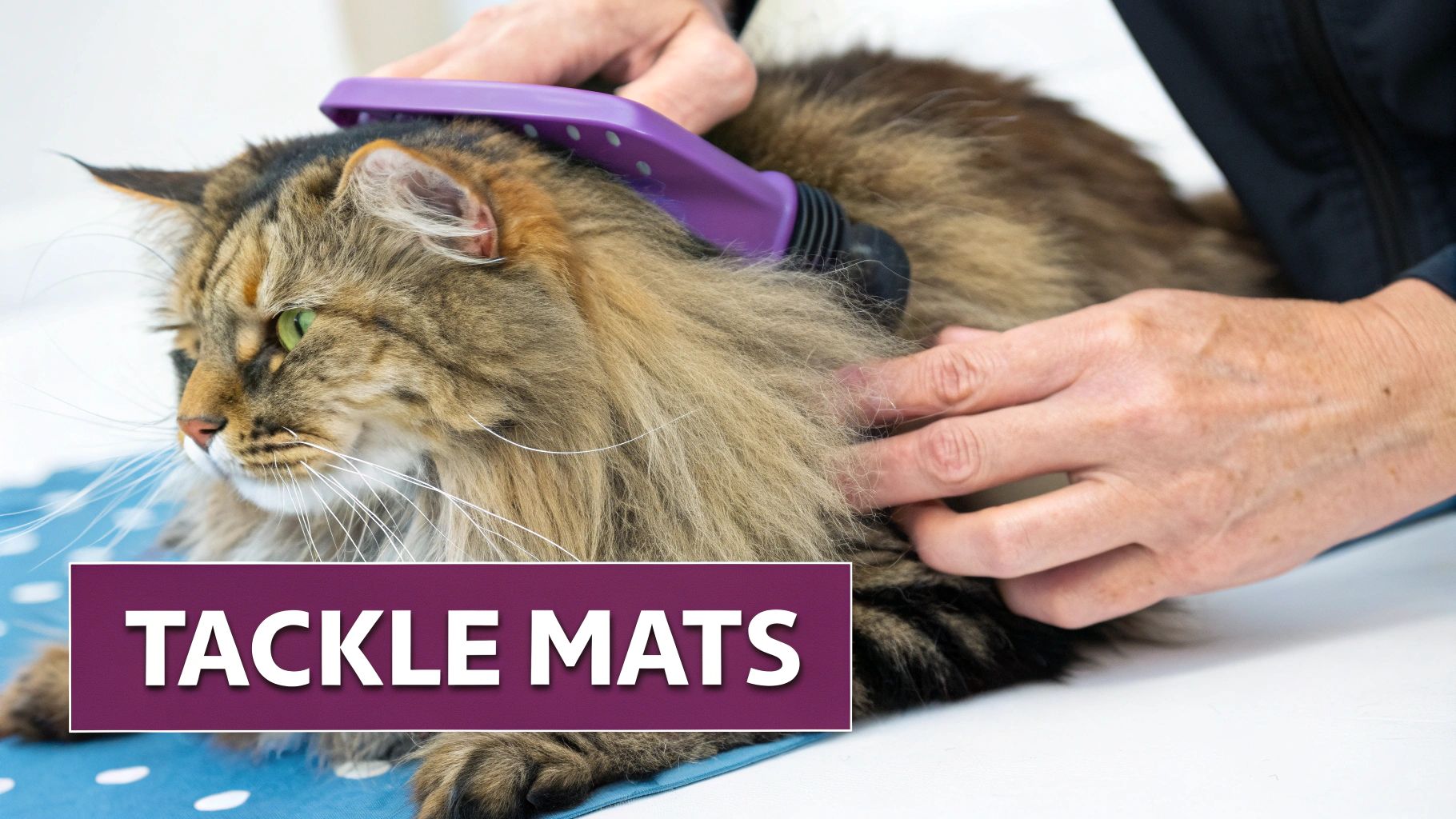 A long-haired cat being gently groomed with a comb to remove tangles.