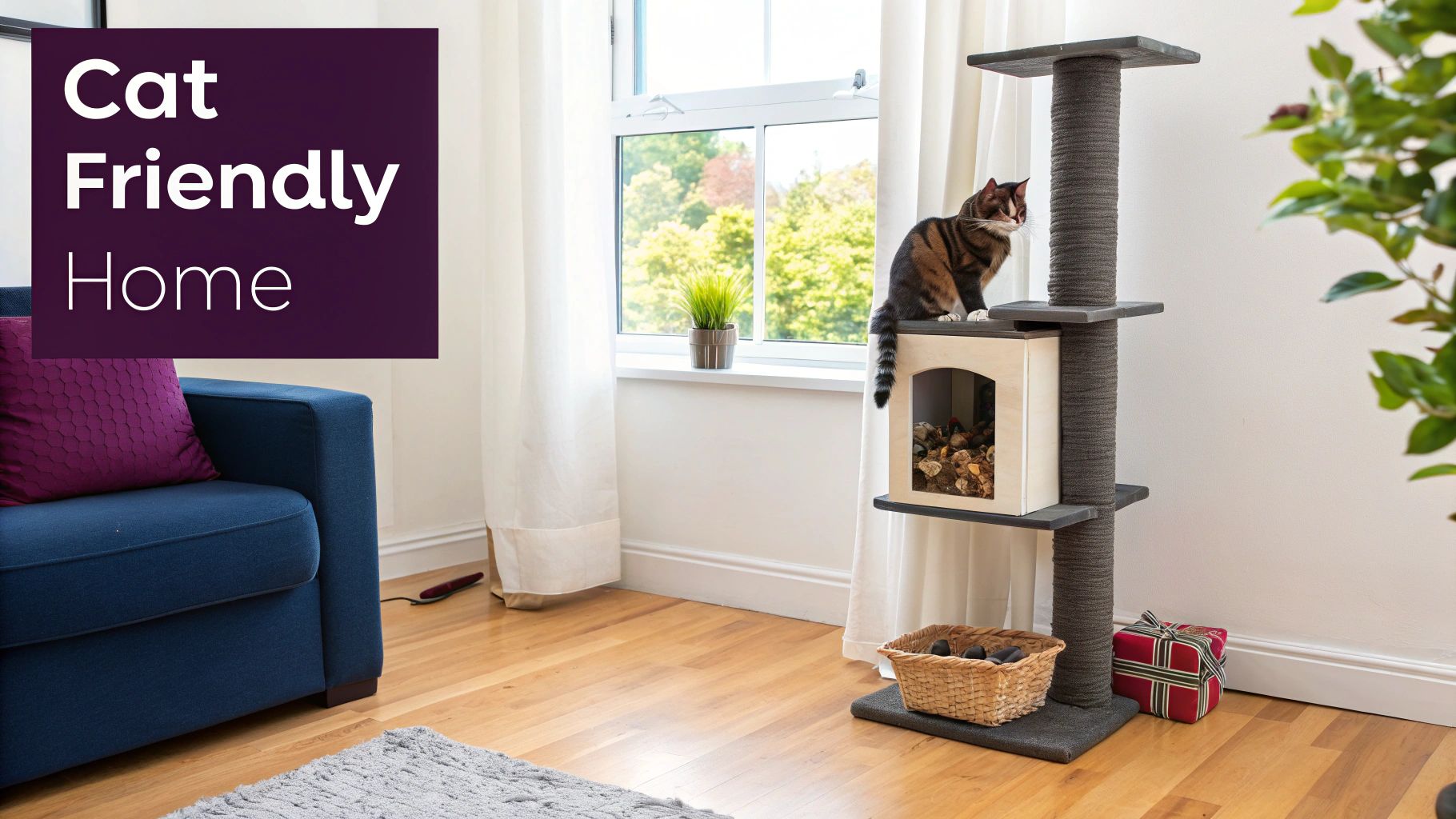 A tabby cat sits on a tall, gray cat tree in a cozy, cat-friendly living room.