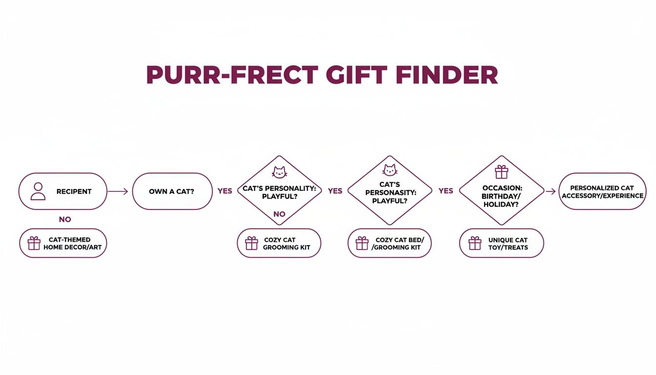 A flowchart titled 'Purr-fect Gift Finder' offering personalized present ideas for cat lovers.