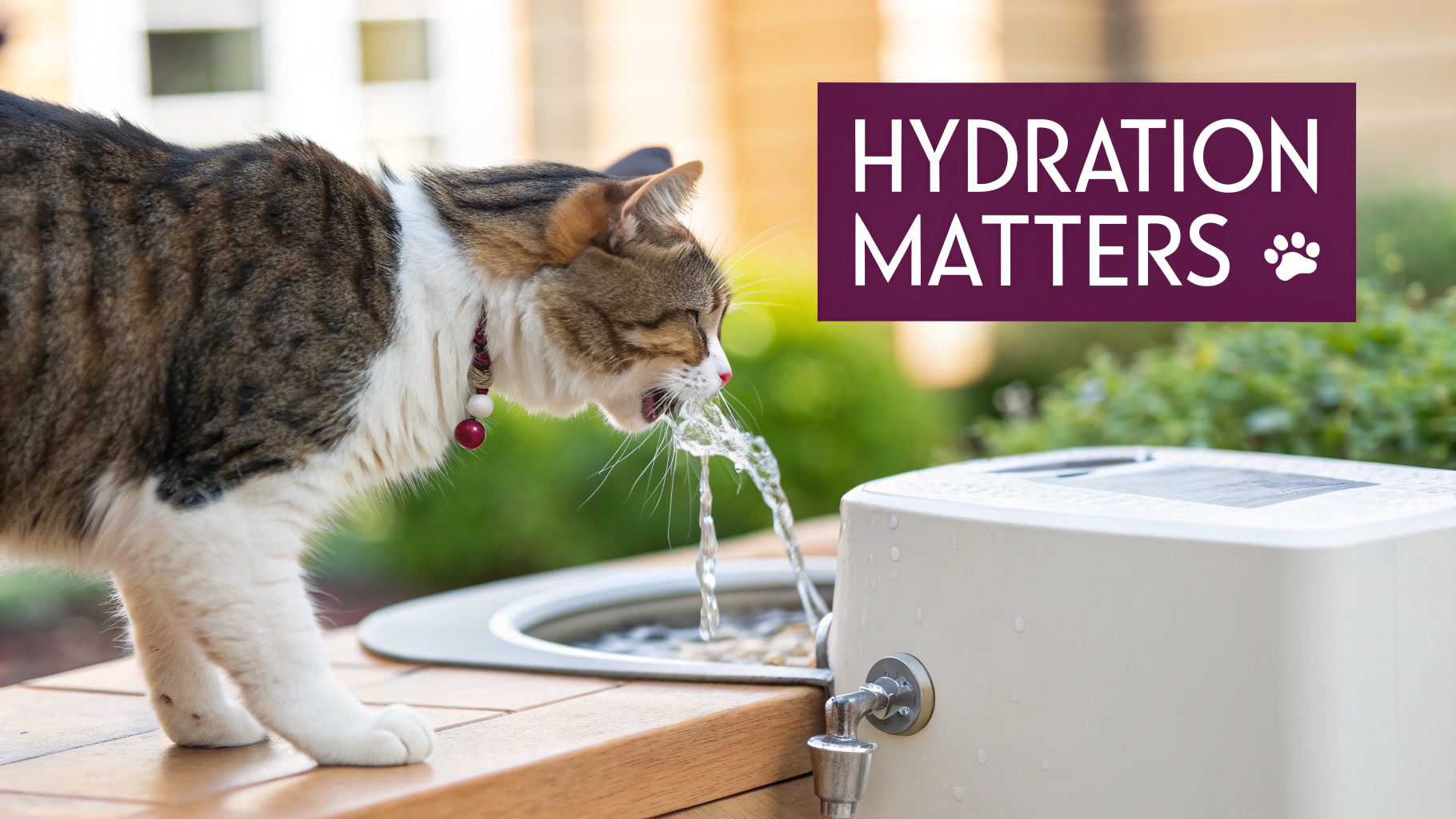 A brown and white tabby cat with a red collar drinks from a flowing pet water fountain.